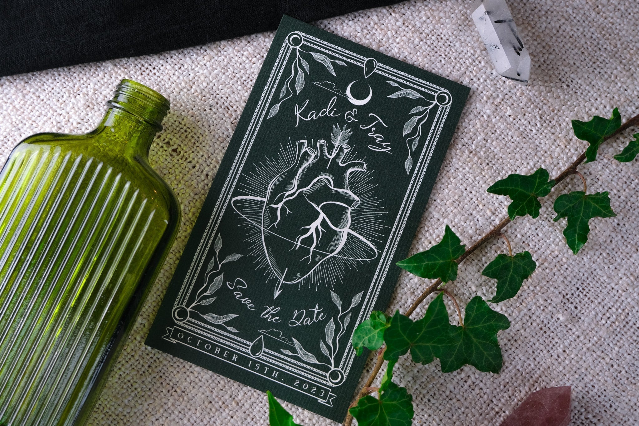 The Bleeding Heart Tarot Save the Date card with gothic vintage anatomical heart illustration on matte card