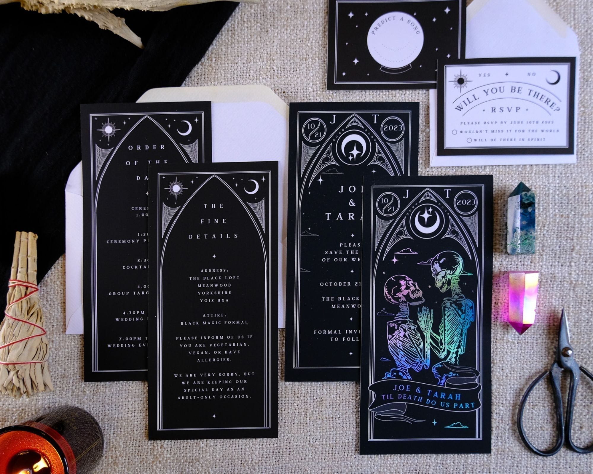 Gothic Til Death Do Us Part foiled 3-piece wedding invitation suite featuring skeleton lovers tarot design on velvet soft-touch card