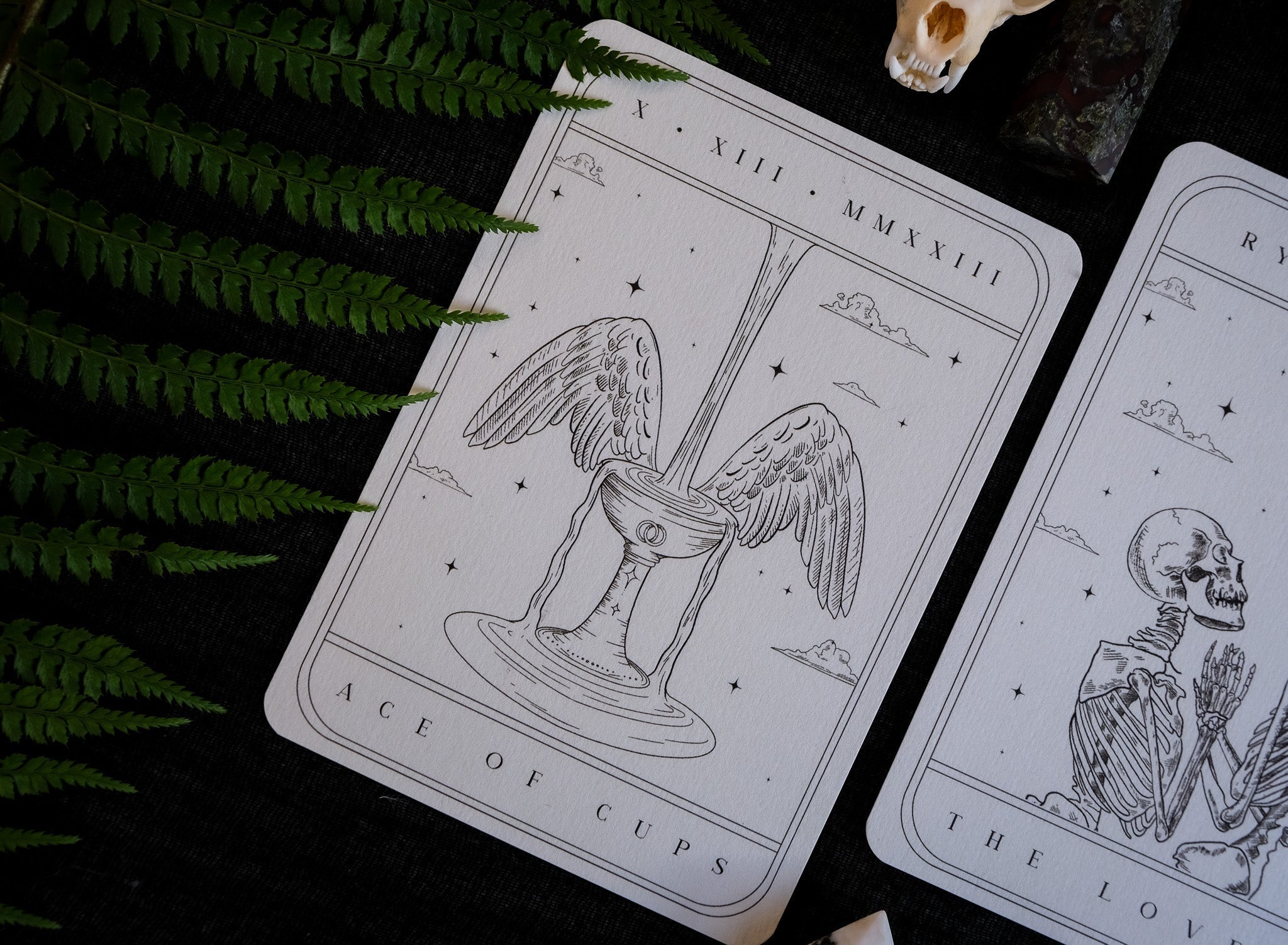 Tarot Card Spread 3-Piece Wedding Invitation Suite with The Lovers, The Sun, and The Ace of Cups tarot designs on velvet paper
