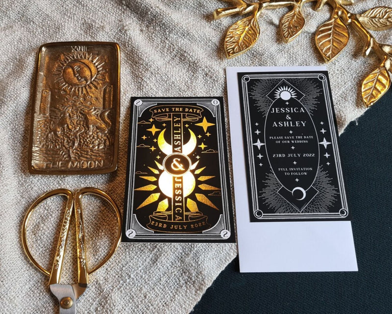 Dusk & Dawn Foiled Save the Date card with sun and moon celestial design and luxurious foil accents