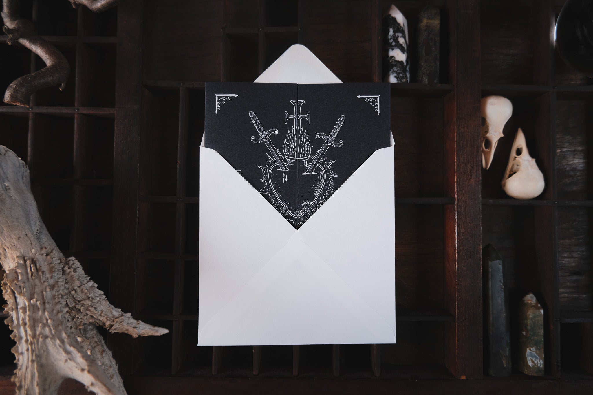 Star-Crossed Lovers Gatefold Wedding Invitations – Gothic Romance Bleeding Heart & Swords Design