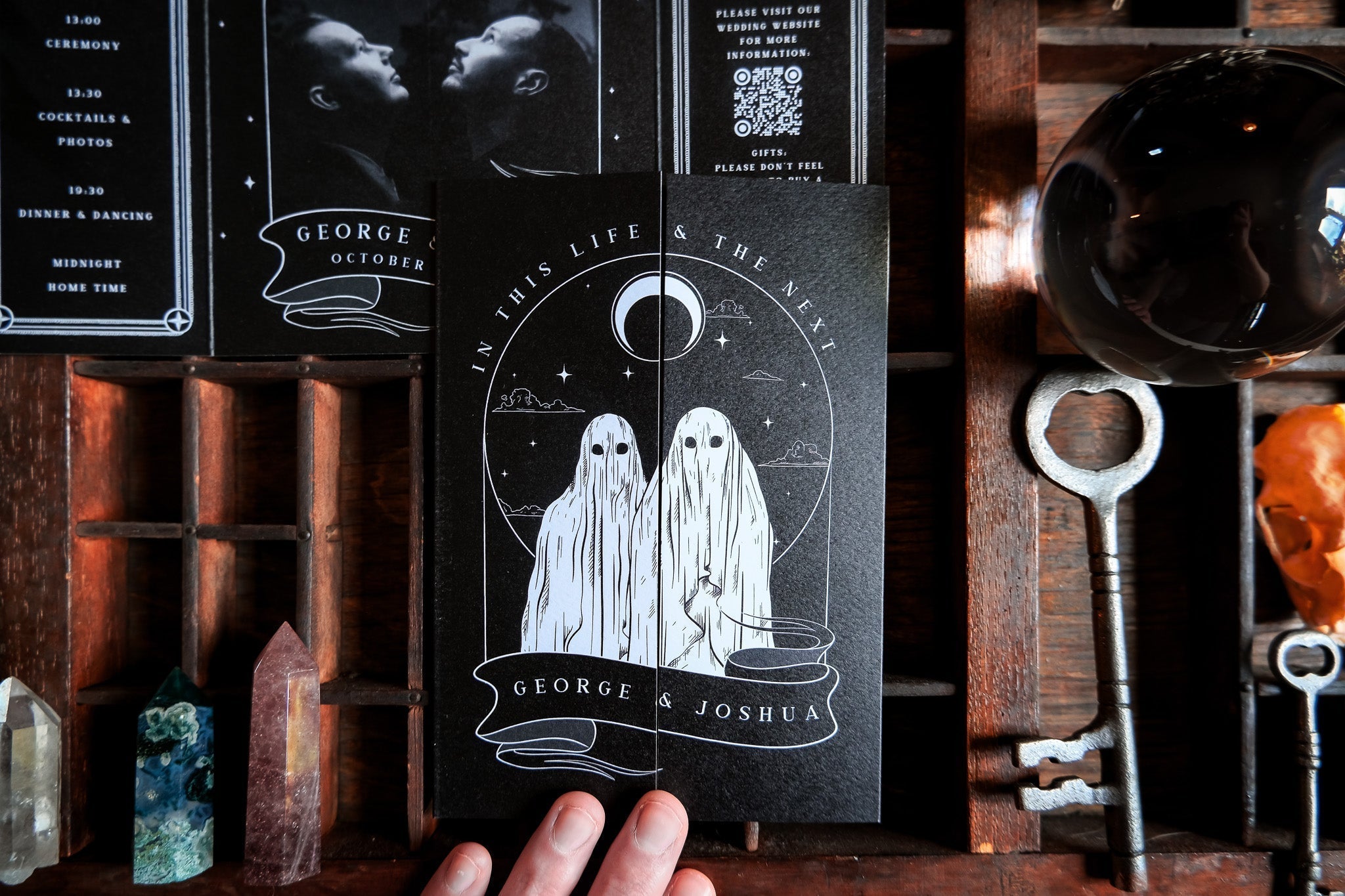 Custom In This Life & The Next ghost gatefold wedding invitation with personalized illustration and details