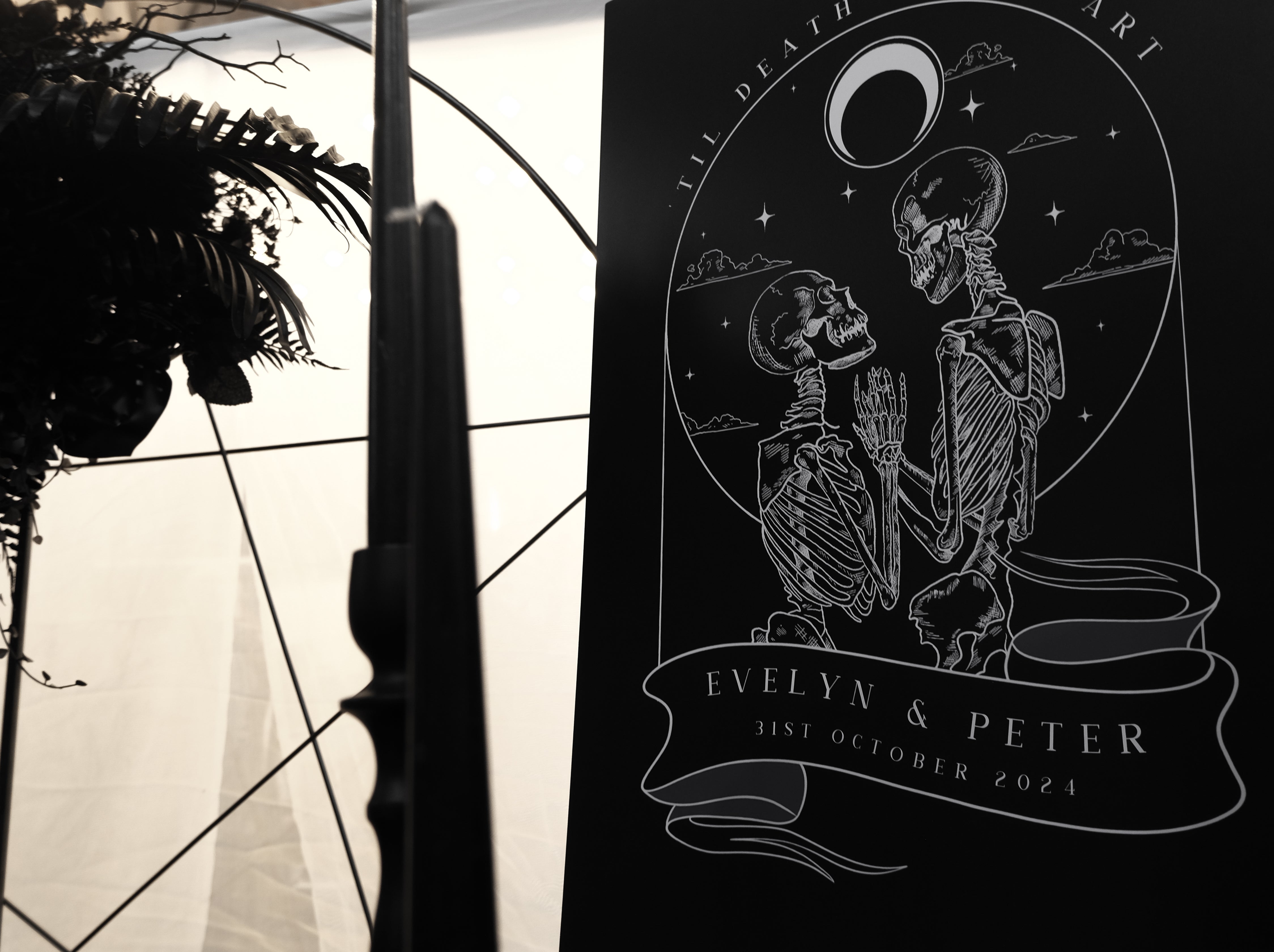 Luxury personalised wedding welcome board in a dramatic gothic tarot style, with skeletons, celestial motifs, and vintage detailing.