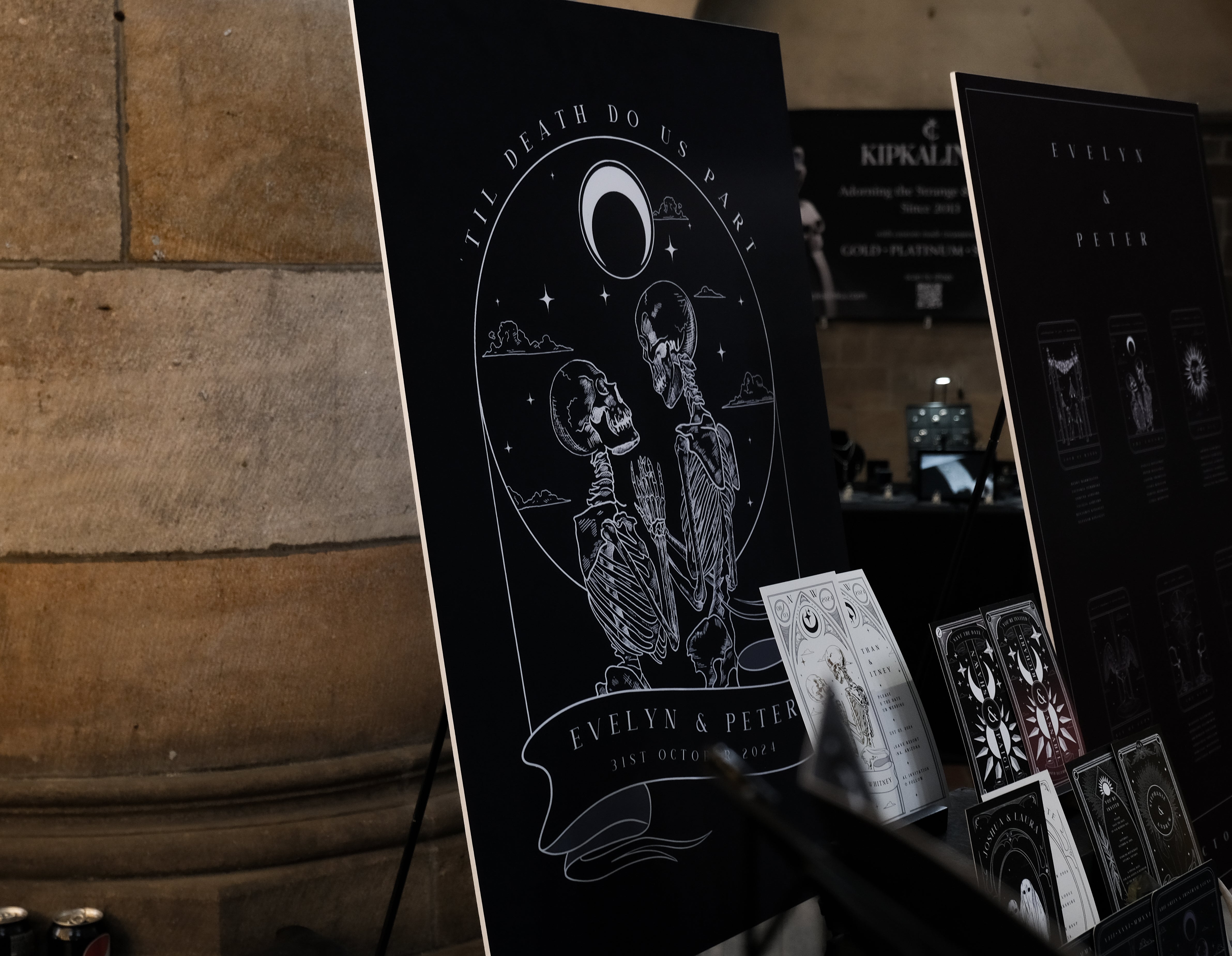 Luxury personalised wedding welcome board in a gothic tarot style, with embracing skeletons, celestial motifs, and vintage flair.