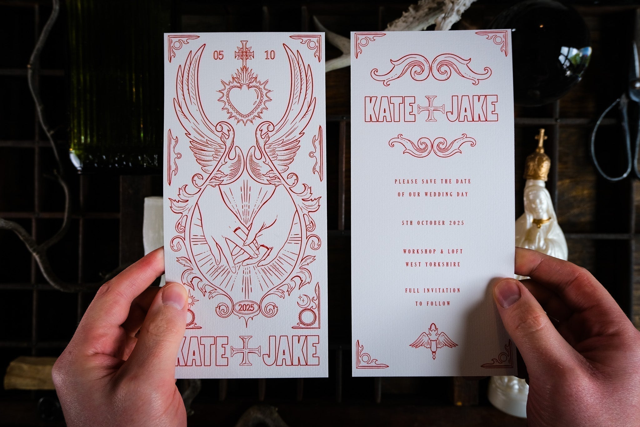 Star-Crossed Lovers Save the Date card with gothic swords and bleeding heart, dark romance wedding stationery