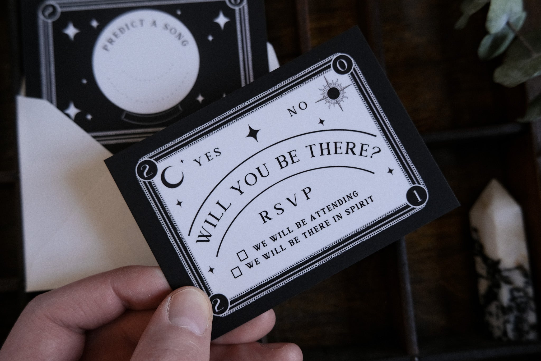 Ouija-inspired gothic wedding RSVP card with spirit board design and premium matte finish