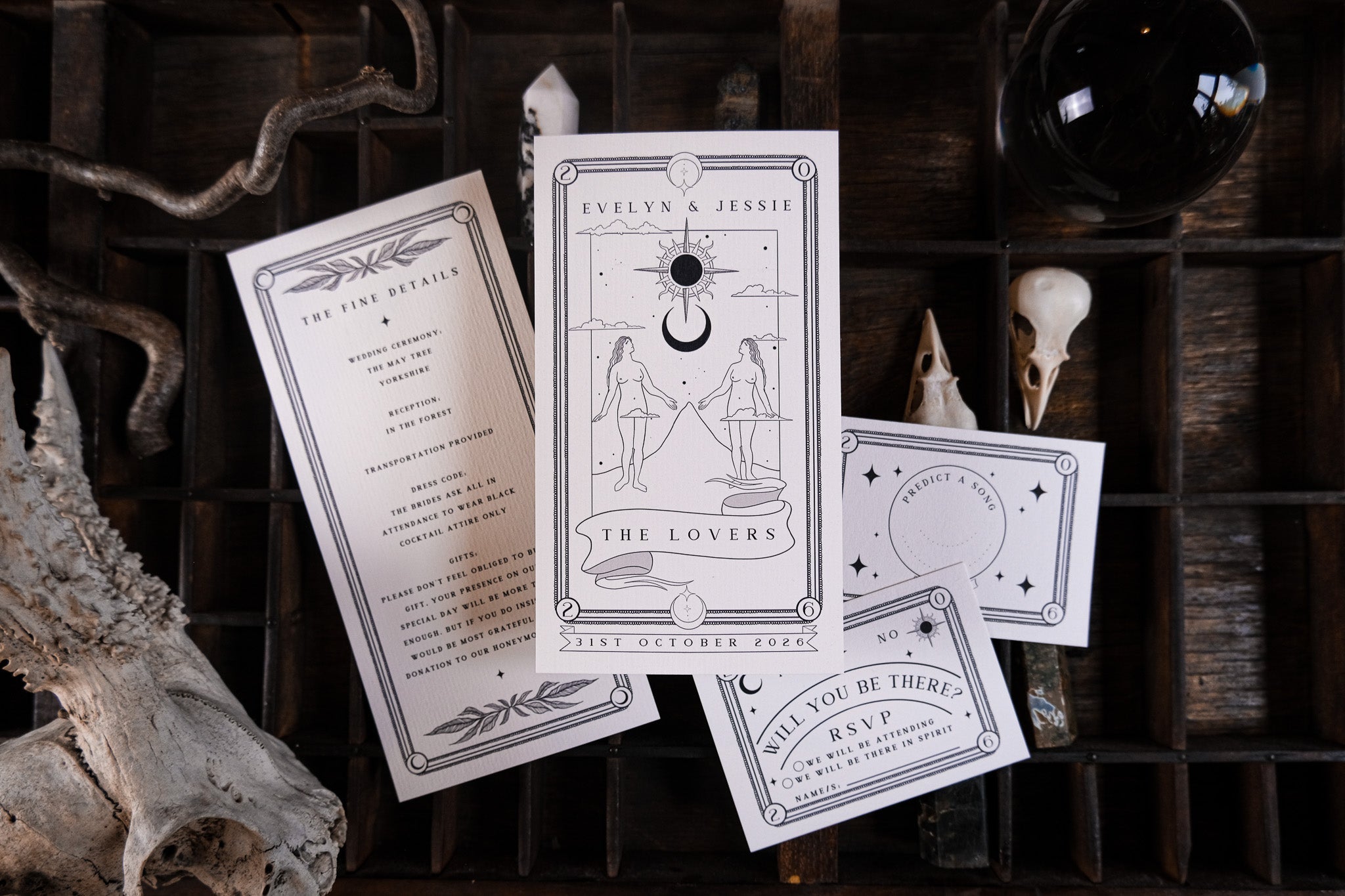 Luxury 3-piece gothic wedding stationery set with tarot-inspired black and white design, featuring dramatic, mystical artwork.