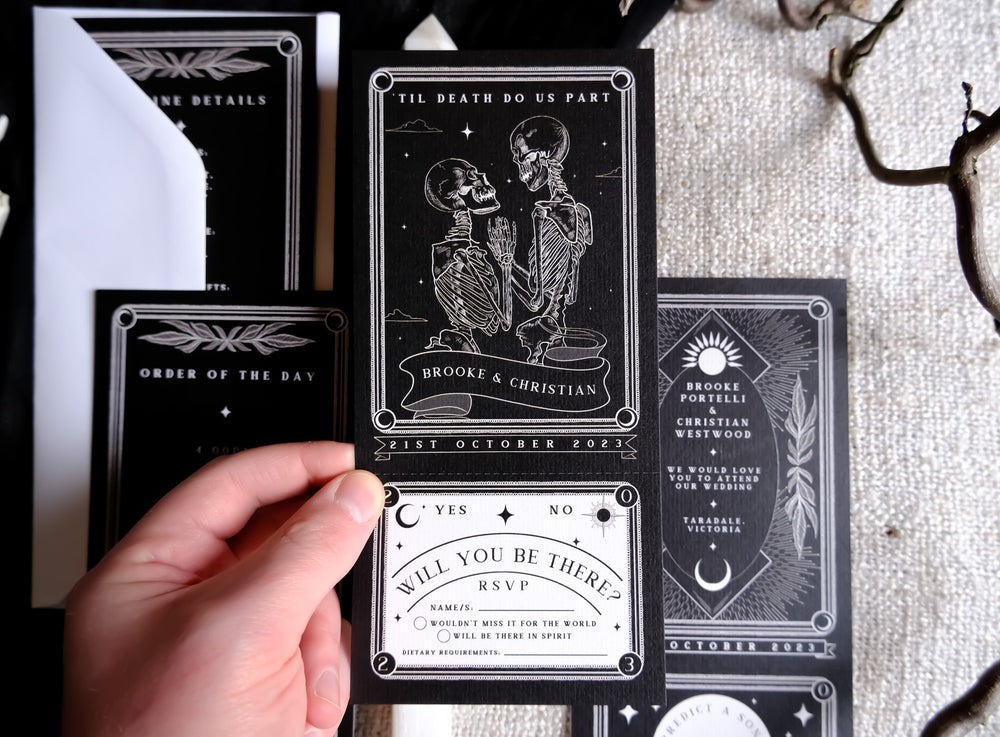 Til Death Do Us Part gothic skeleton lovers tarot wedding invitation with tear-off RSVP on matte card