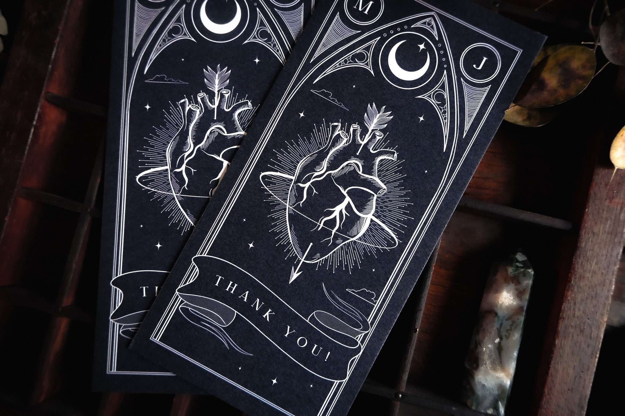 Luxury UK wedding thank you cards with mystical, gothic tarot-inspired design, celestial accents, and personalised photo feature.