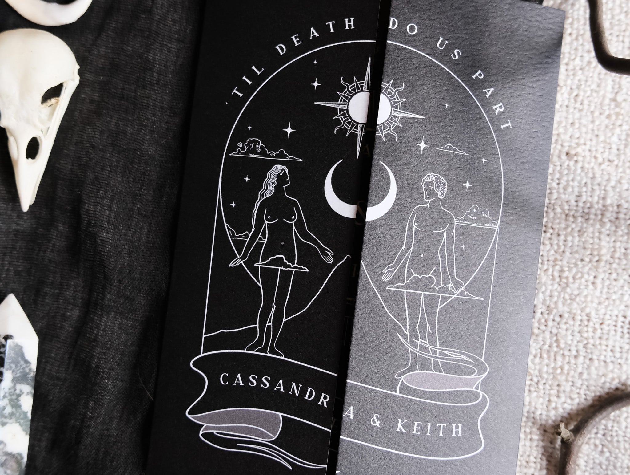 The Lovers Tarot Card gatefold wedding invitation with intricate central opening on matte textured card