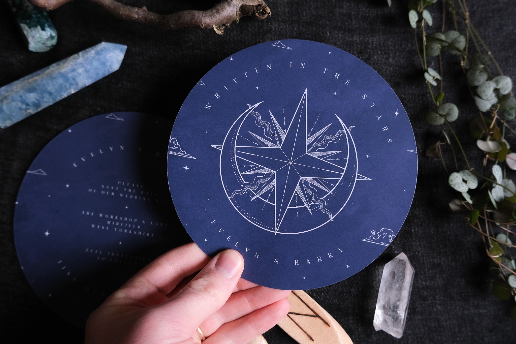 Sun and Moon | Celestial Circular Save the Date Card | Unique Illustrated Wedding Stationery