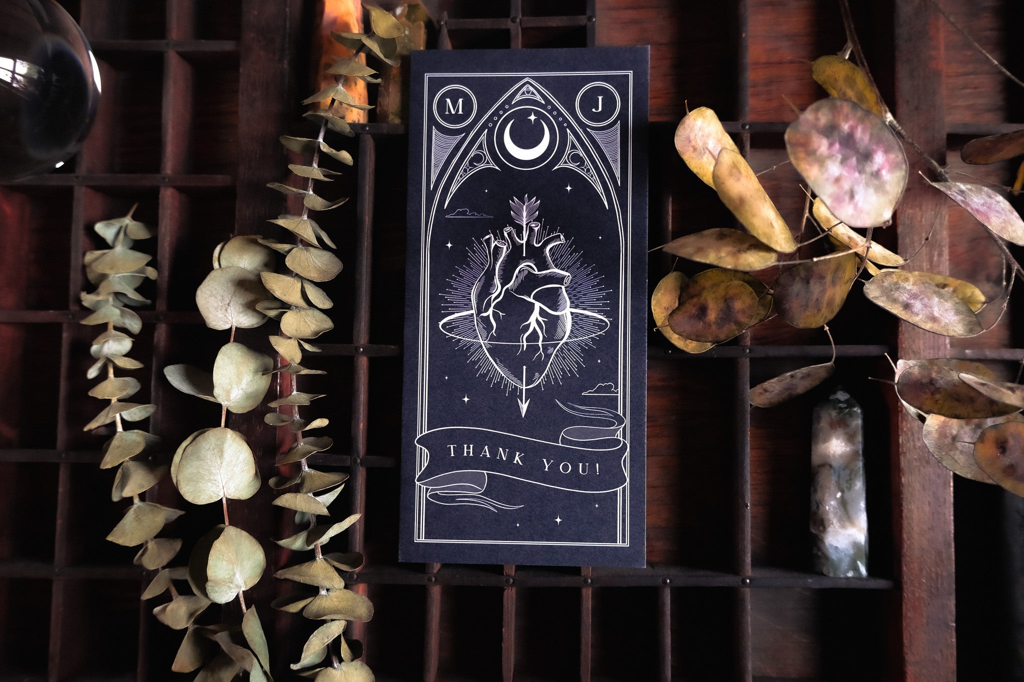 Luxury UK wedding thank you cards with gothic celestial and anatomical heart motifs, personalised with your photo; dramatic alternative style.