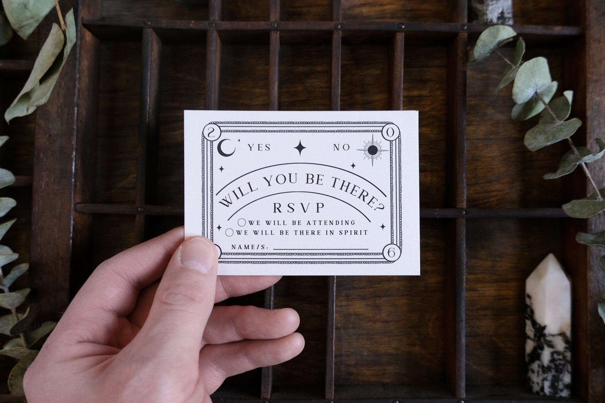 Ouija-inspired gothic wedding RSVP card with spirit board design and premium matte finish
