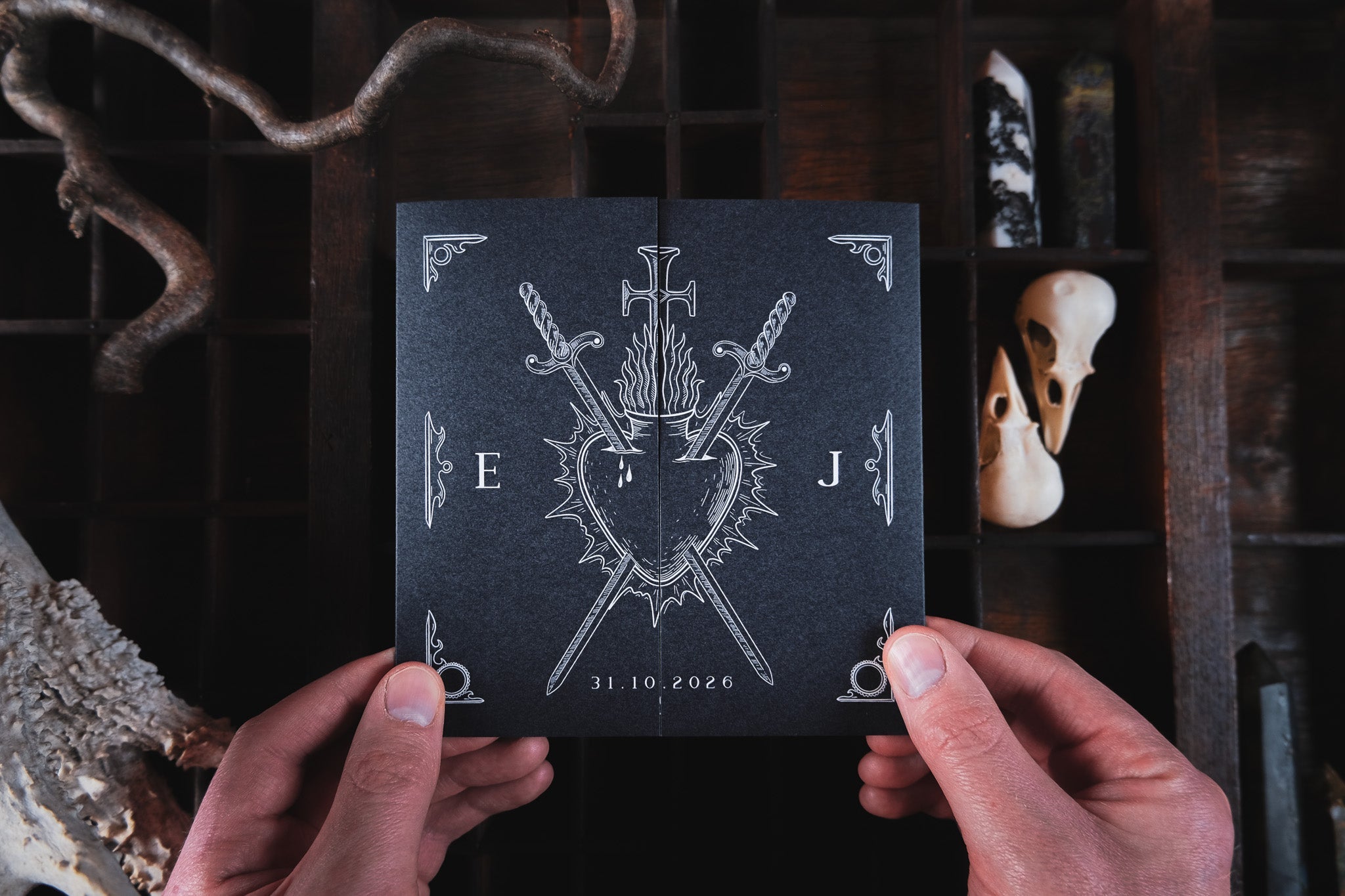 Star-Crossed Lovers Gatefold Wedding Invitations – Gothic Romance Bleeding Heart & Swords Design