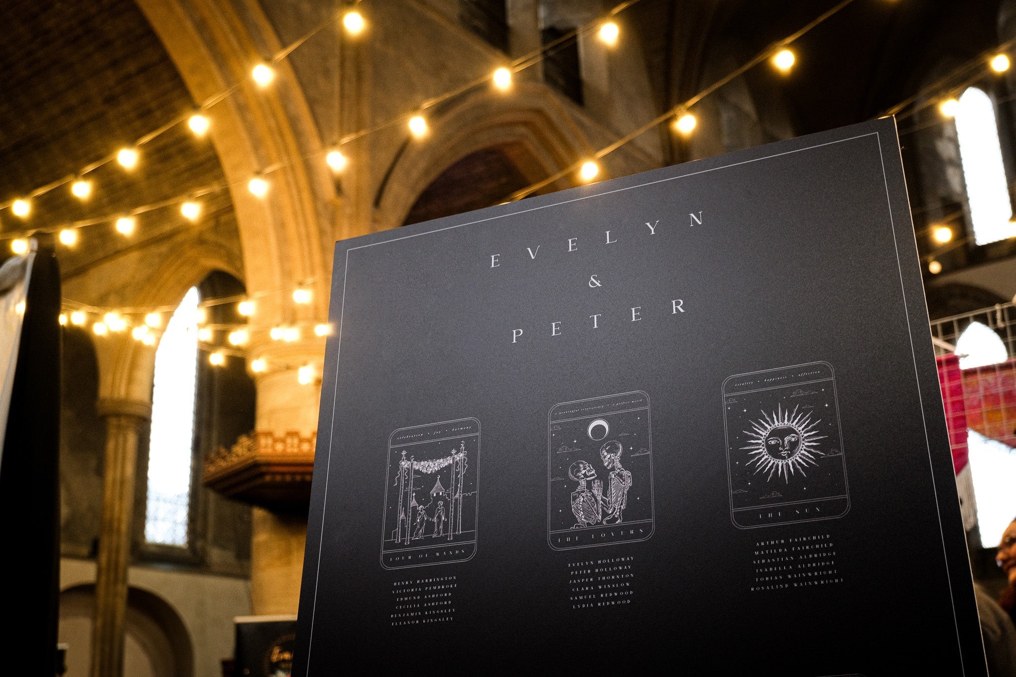 Luxury personalised wedding seating chart with vintage tarot card design, mystical style, perfect for dramatic UK venues with string lights.