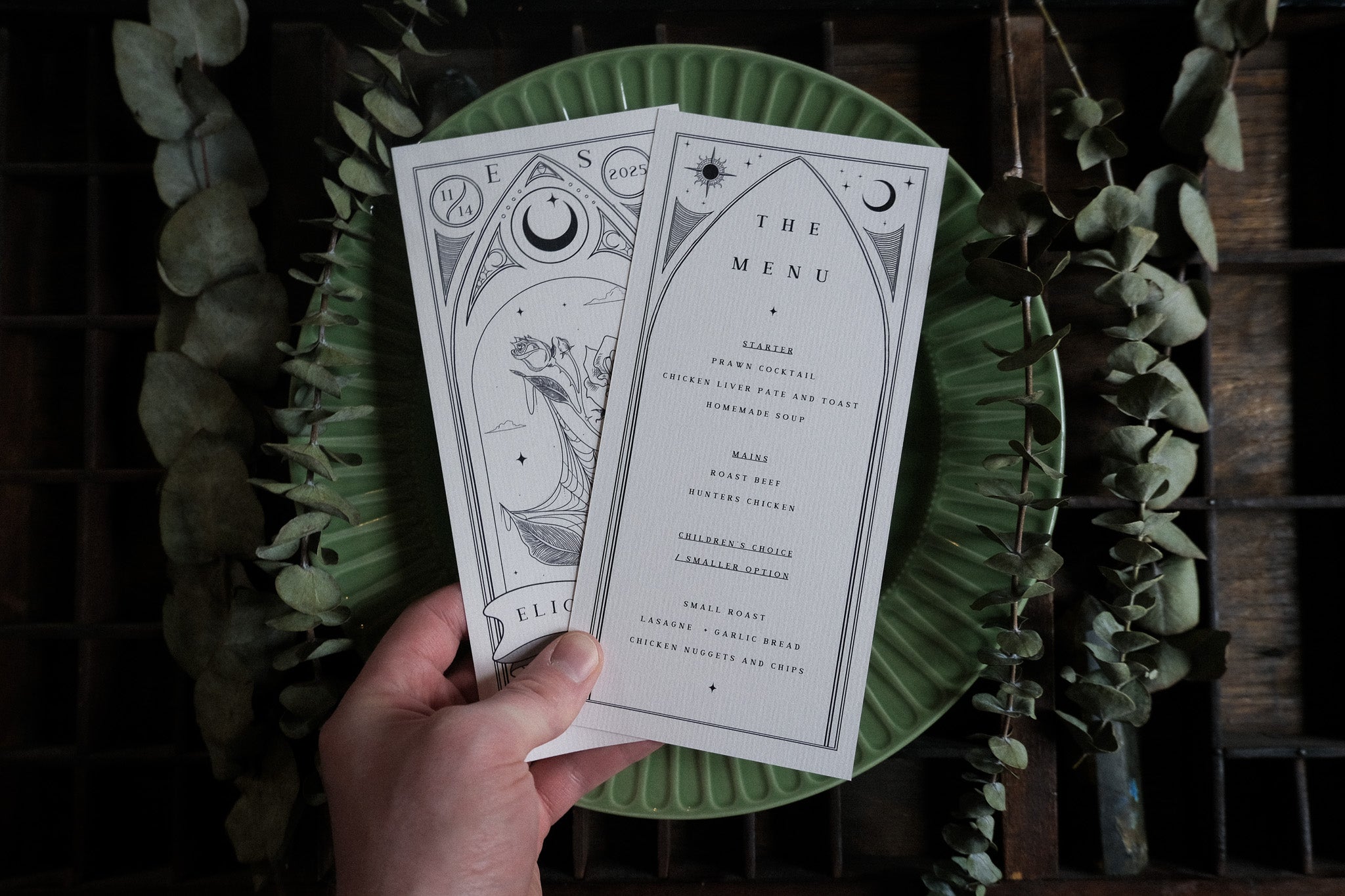 In This Life & The Next Rose Tarot Wedding Menu Cards - Gothic Romantic Table Menu