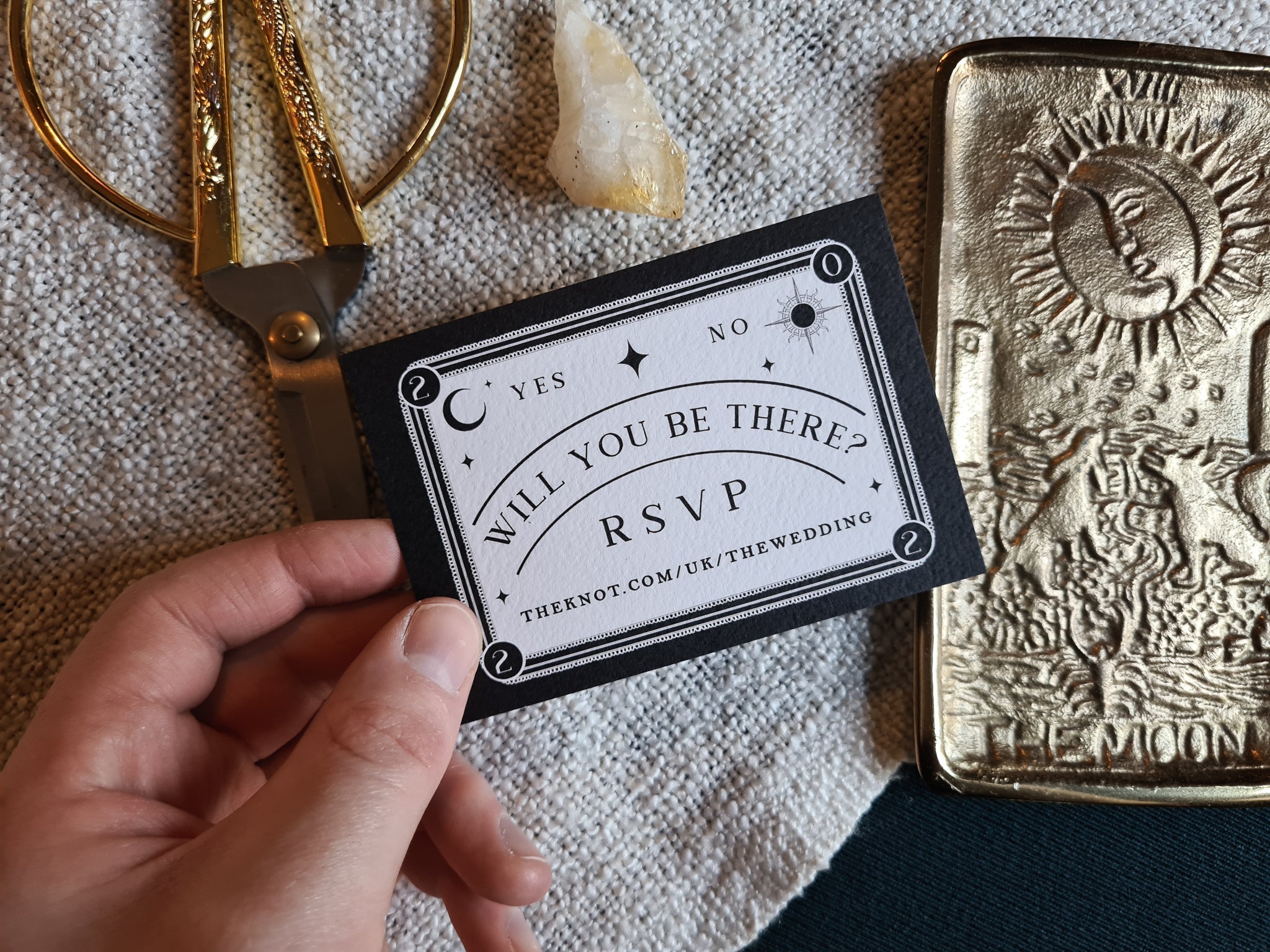Ouija-inspired gothic wedding RSVP card with spirit board design and premium matte finish