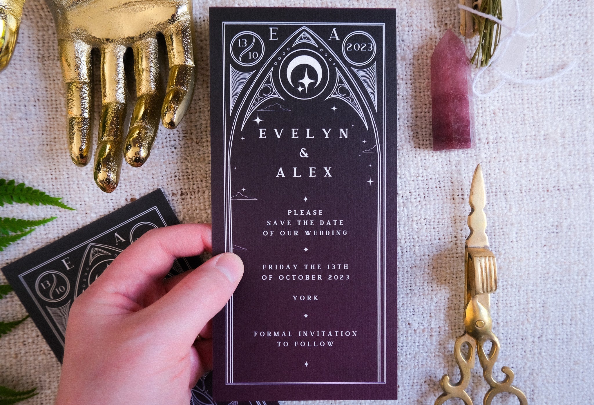 Gothic Rose Tarot save the date card with dark floral design on matte card for wedding stationery