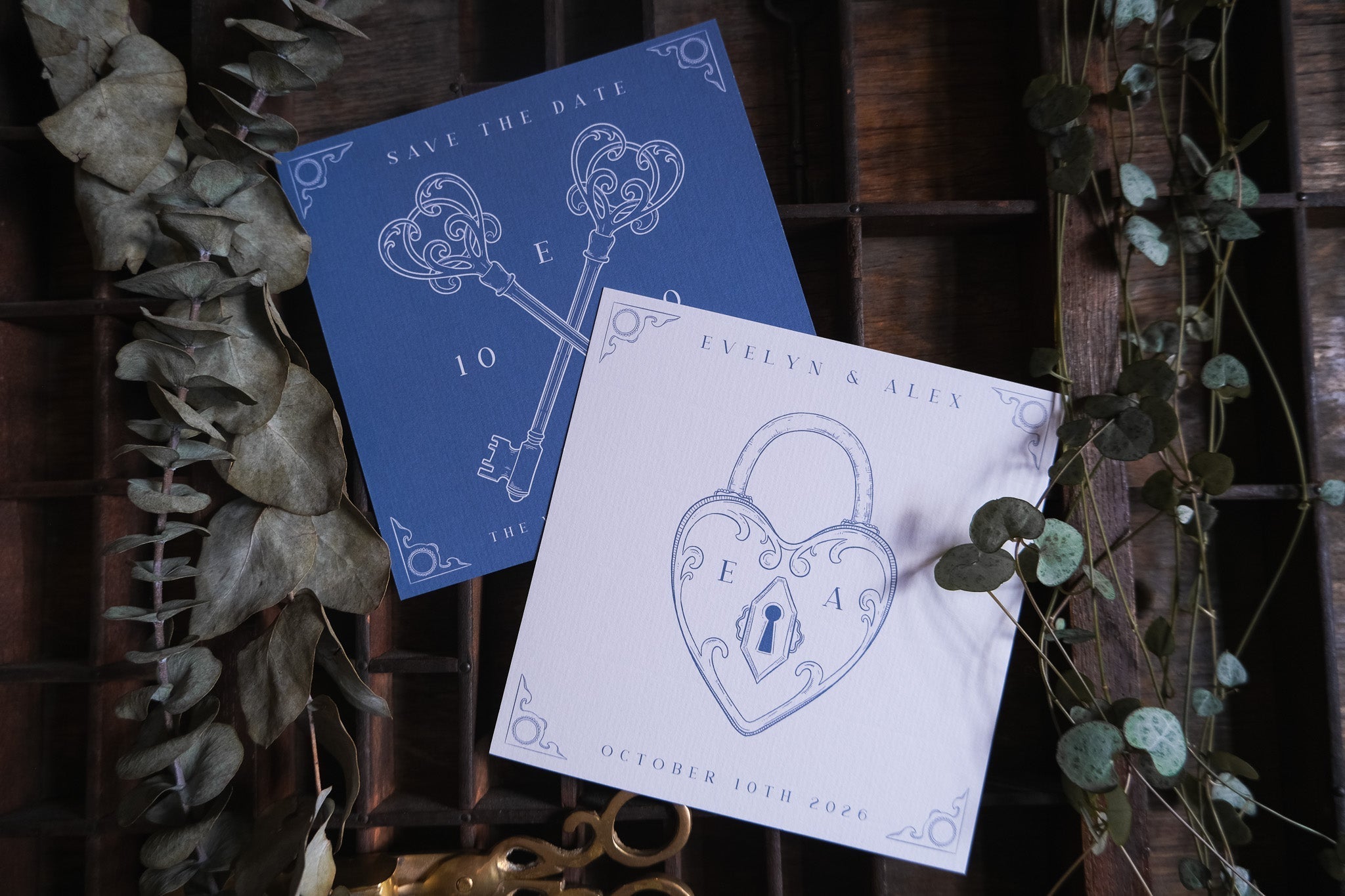 Premium UK wedding stationery—luxury Save the Date cards with vintage keys and heart lock, romantic Victorian and Secret Garden style.