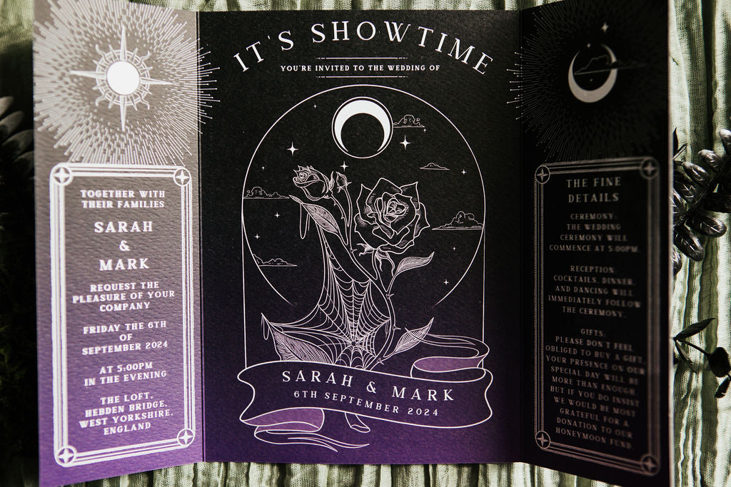Luxury gothic wedding stationery featuring silver foil celestial and mystical motifs on a dramatic black background; UK design.