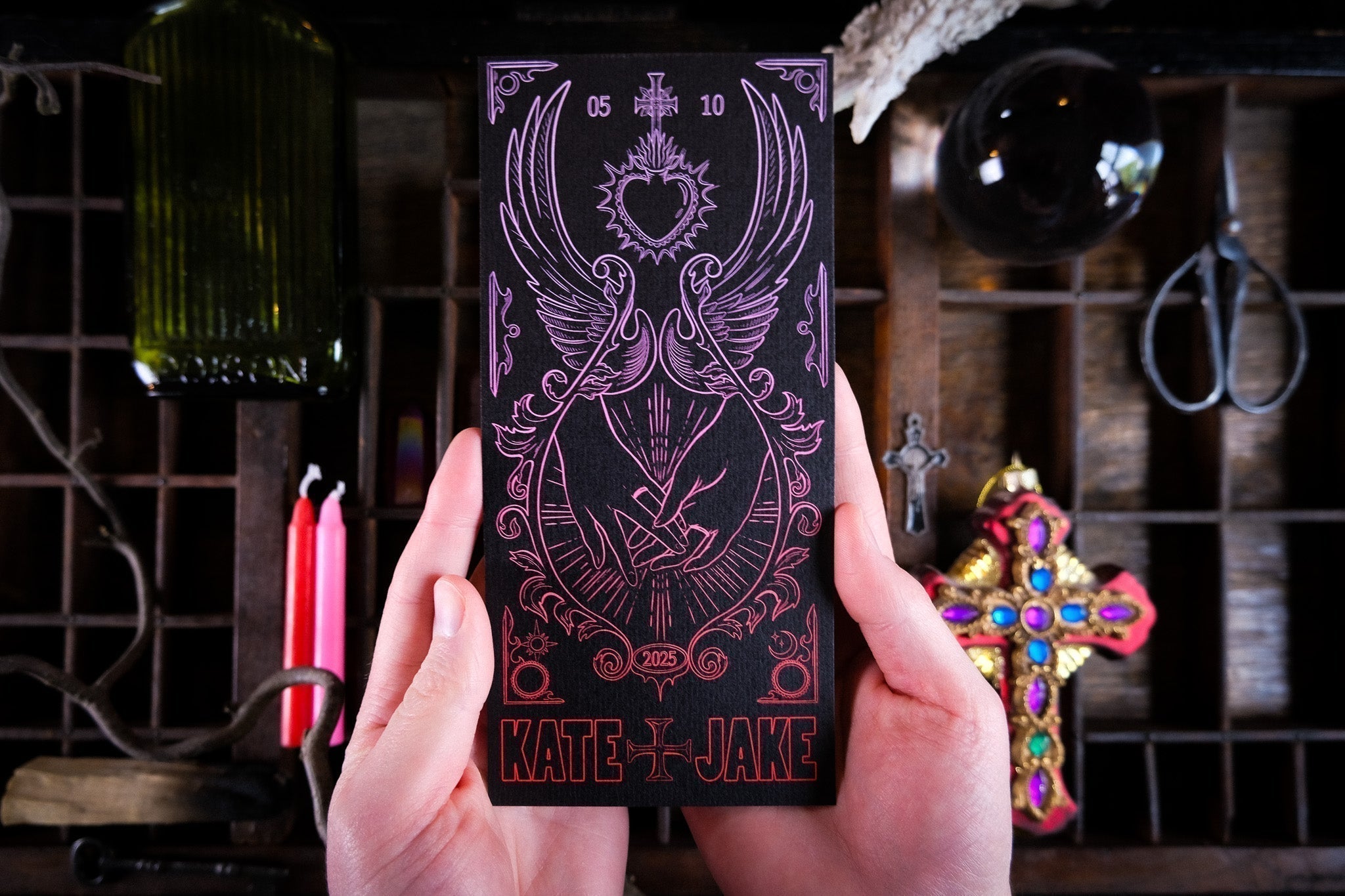Star-Crossed Lovers Save the Date card with gothic crossed swords and bleeding heart illustration on matte card
