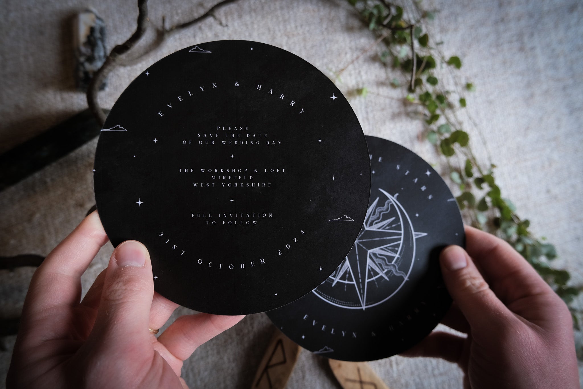 Sun and Moon | Celestial Circular Save the Date Card | Unique Illustrated Wedding Stationery
