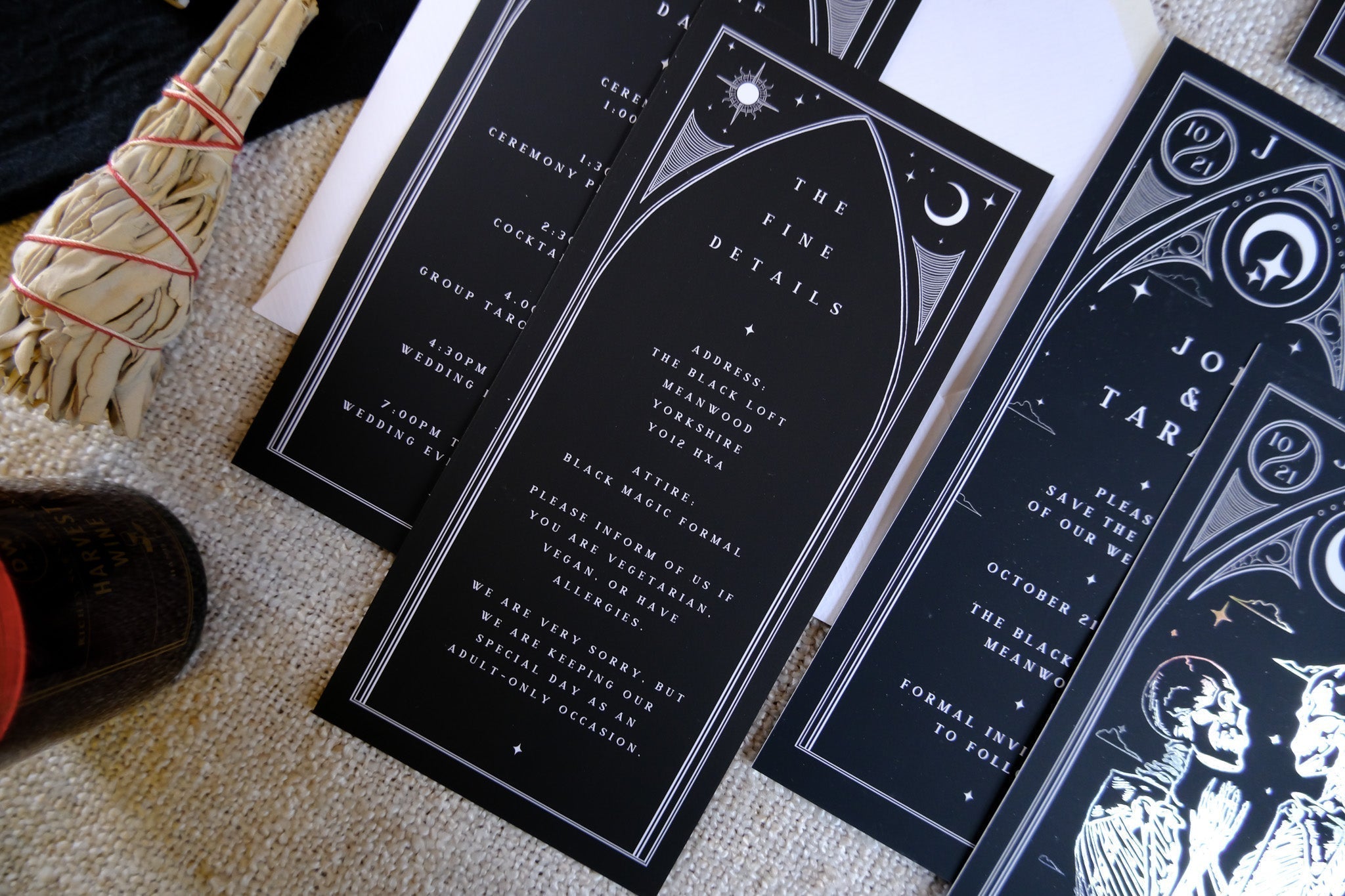 Til Death Do Us Part gothic foiled 3-piece wedding invitation suite with skeleton lovers tarot design on velvet soft-touch card