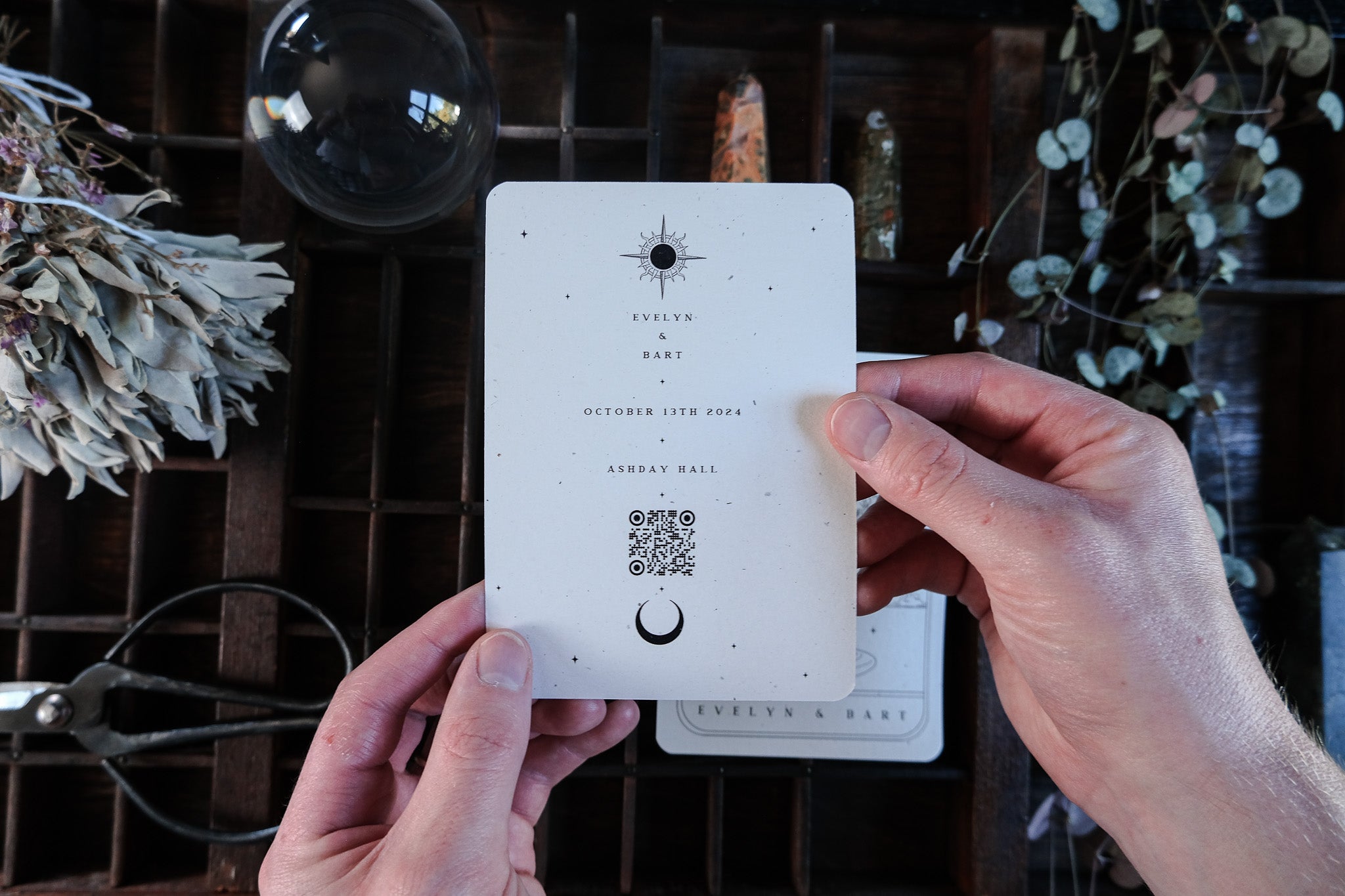 Ace of Cups Tarot Save The Date card with romantic illustration for wedding announcement