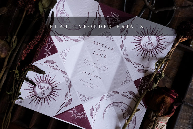 Victorian Folding Letter save the date in burgundy and white with celestial illustration and dried flowers