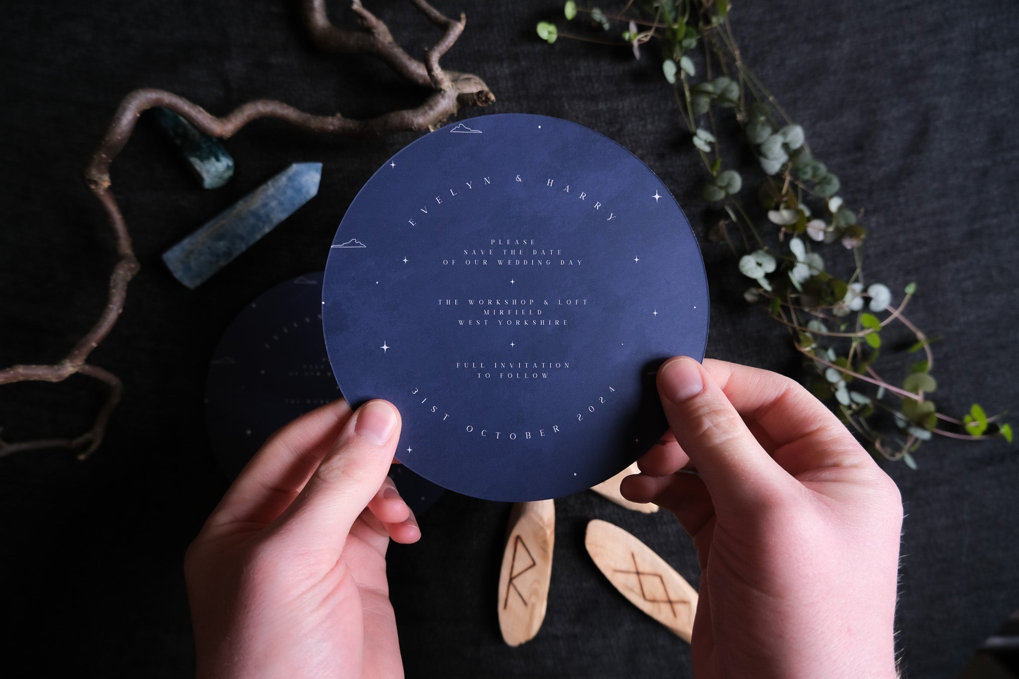 Sun and Moon | Celestial Circular Save the Date Card | Unique Illustrated Wedding Stationery