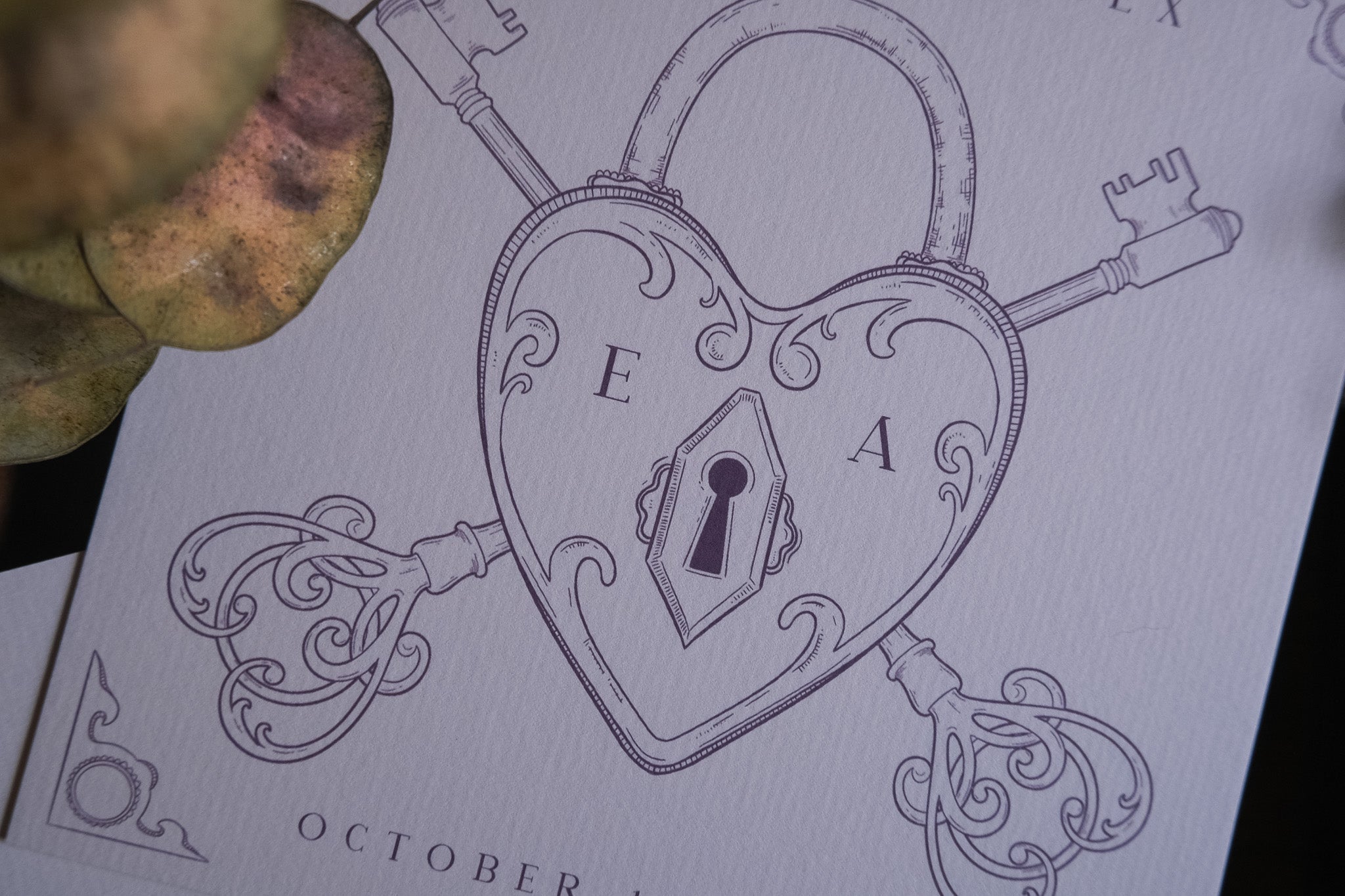 Luxury UK wedding stationery featuring a vintage heart-shaped padlock and ornate keys in a romantic, personalised illustrated design.