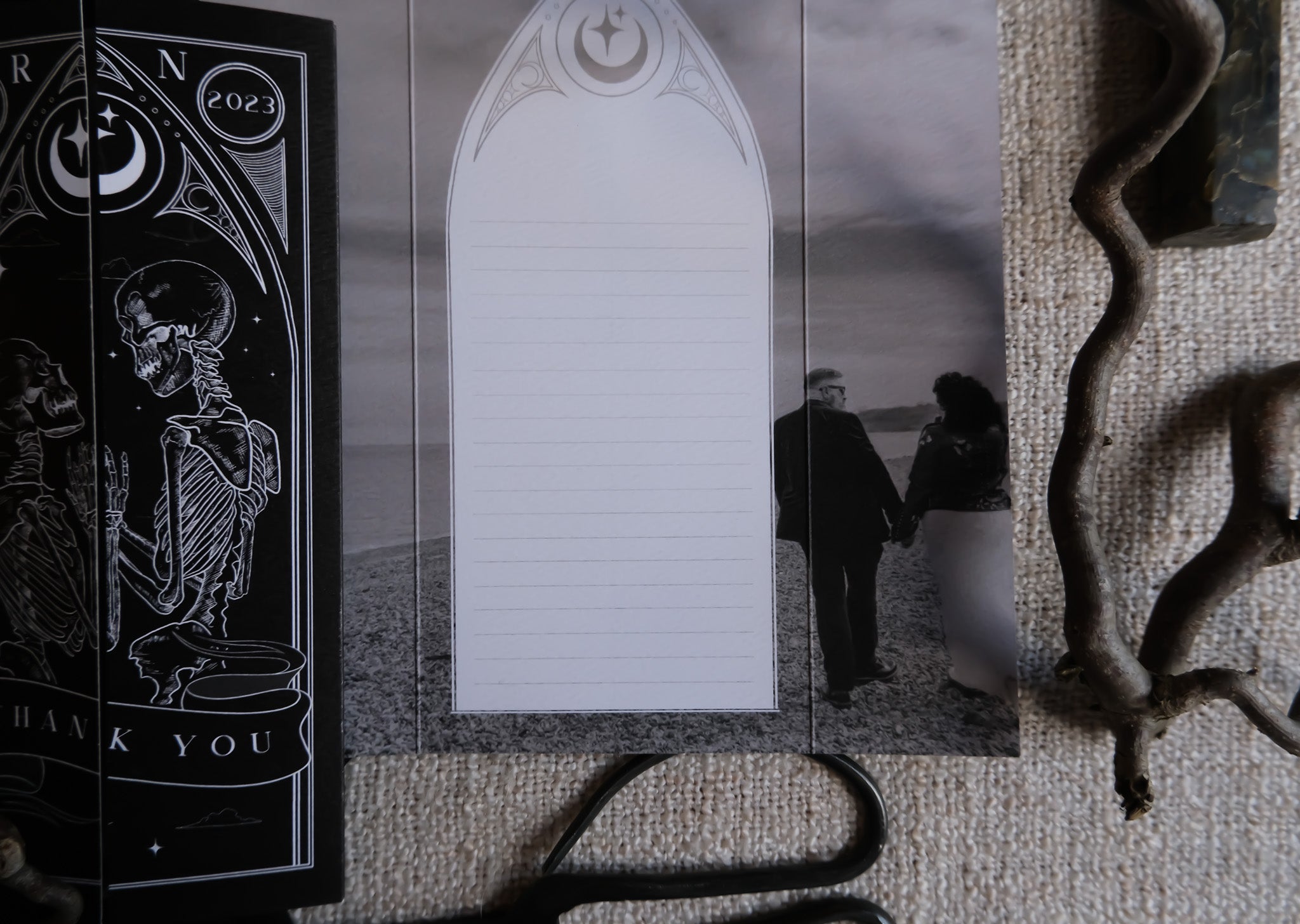 ‘Til Death Do Us Part’ gothic skeleton lovers wedding thank you card design with customizable photo option