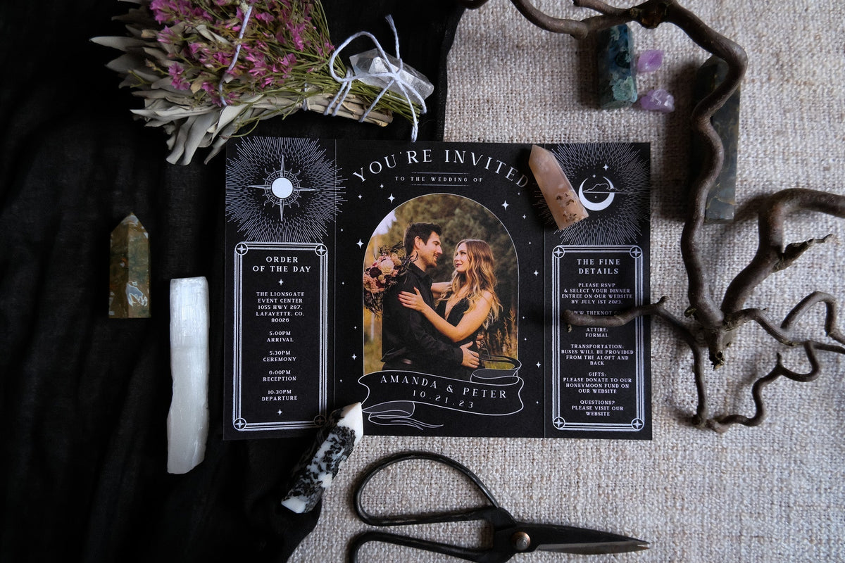 Til Death Do Us Part gatefold wedding invitation with gothic skeleton couple and custom photo interior on matte textured card