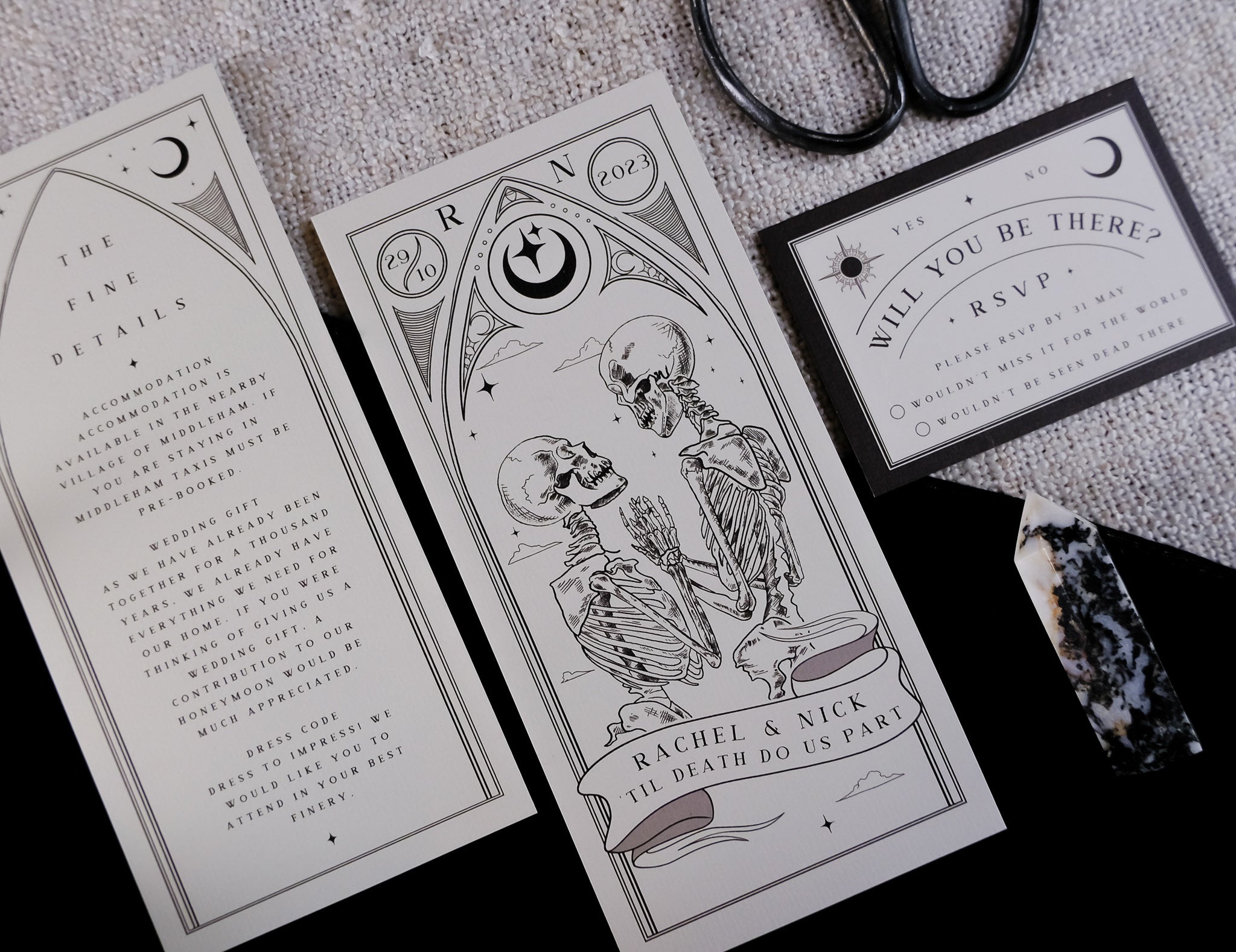 Skeleton couple wedding invitation set featuring 'Til Death Do Us Part' Lovers Tarot Card 3-piece suite on premium cardstock