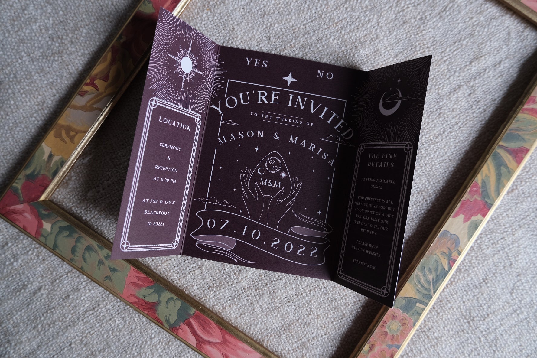 Til Death Do Us Part gatefold wedding invitation with gothic skeleton design on matte textured card