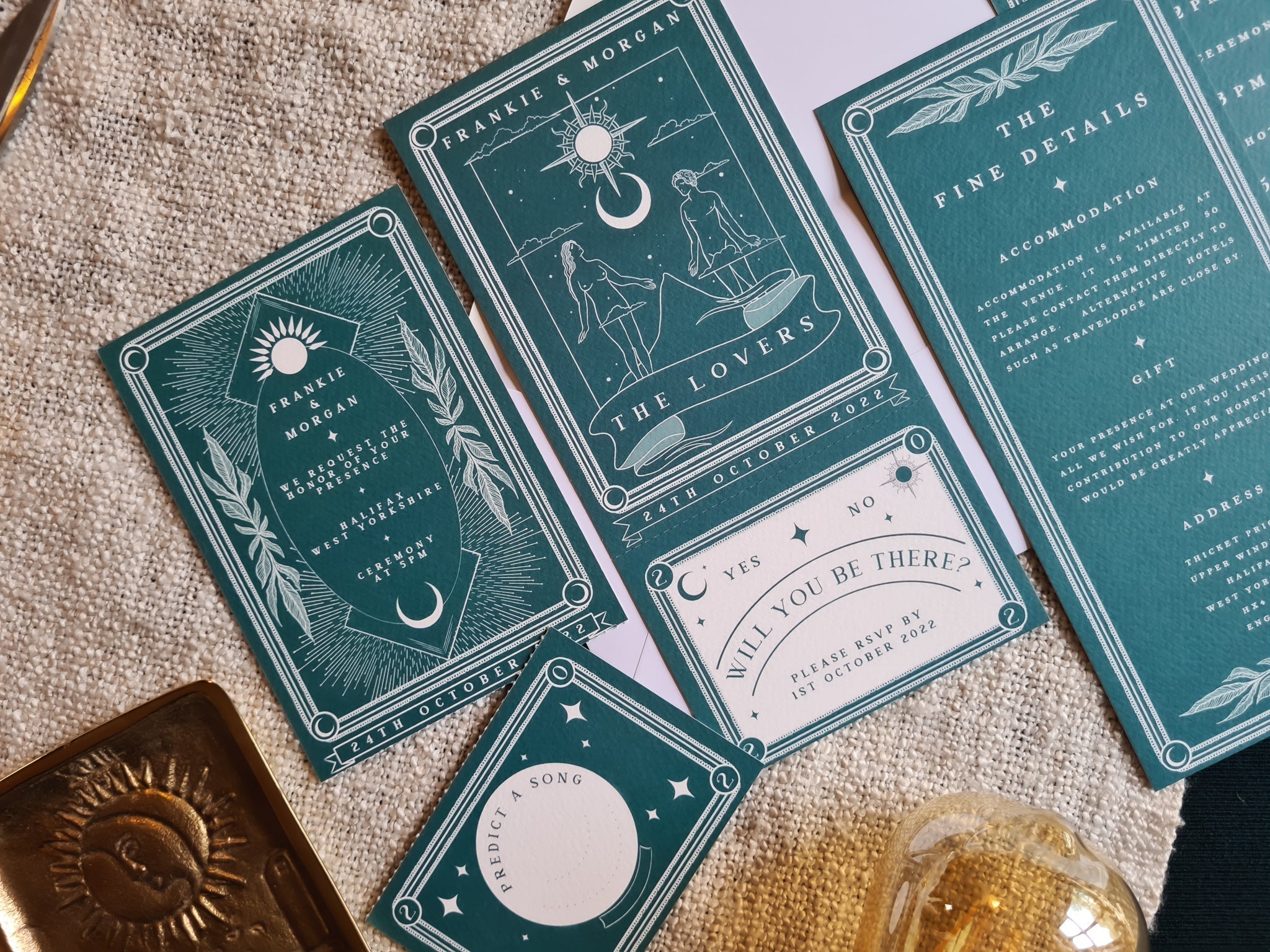 The Lovers Tarot Full Invitation with RSVP tear-off card in gothic wedding design