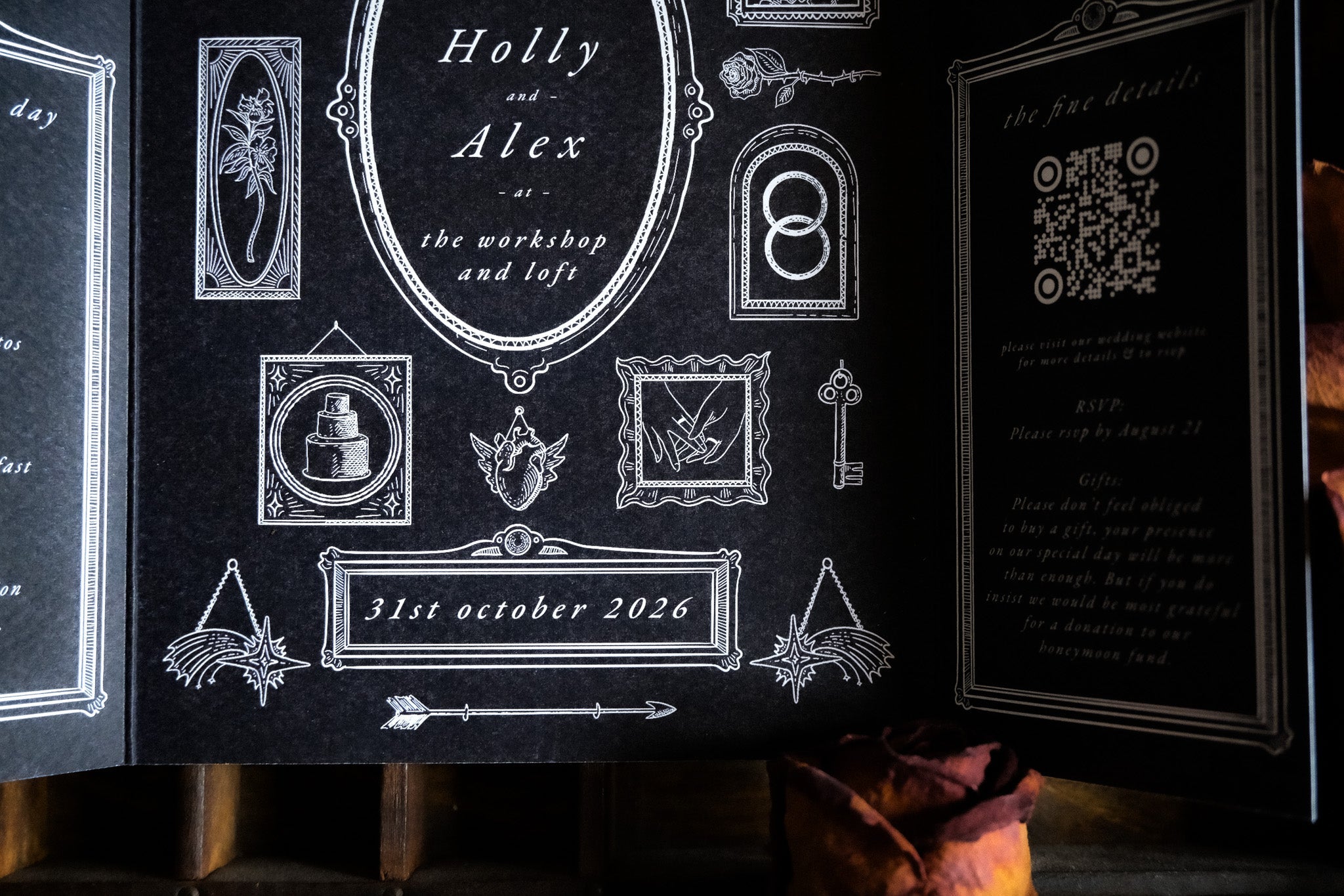 Luxury Victorian Gothic gatefold wedding invitation with white ornate silhouettes, dramatic black accents, and vintage UK design.