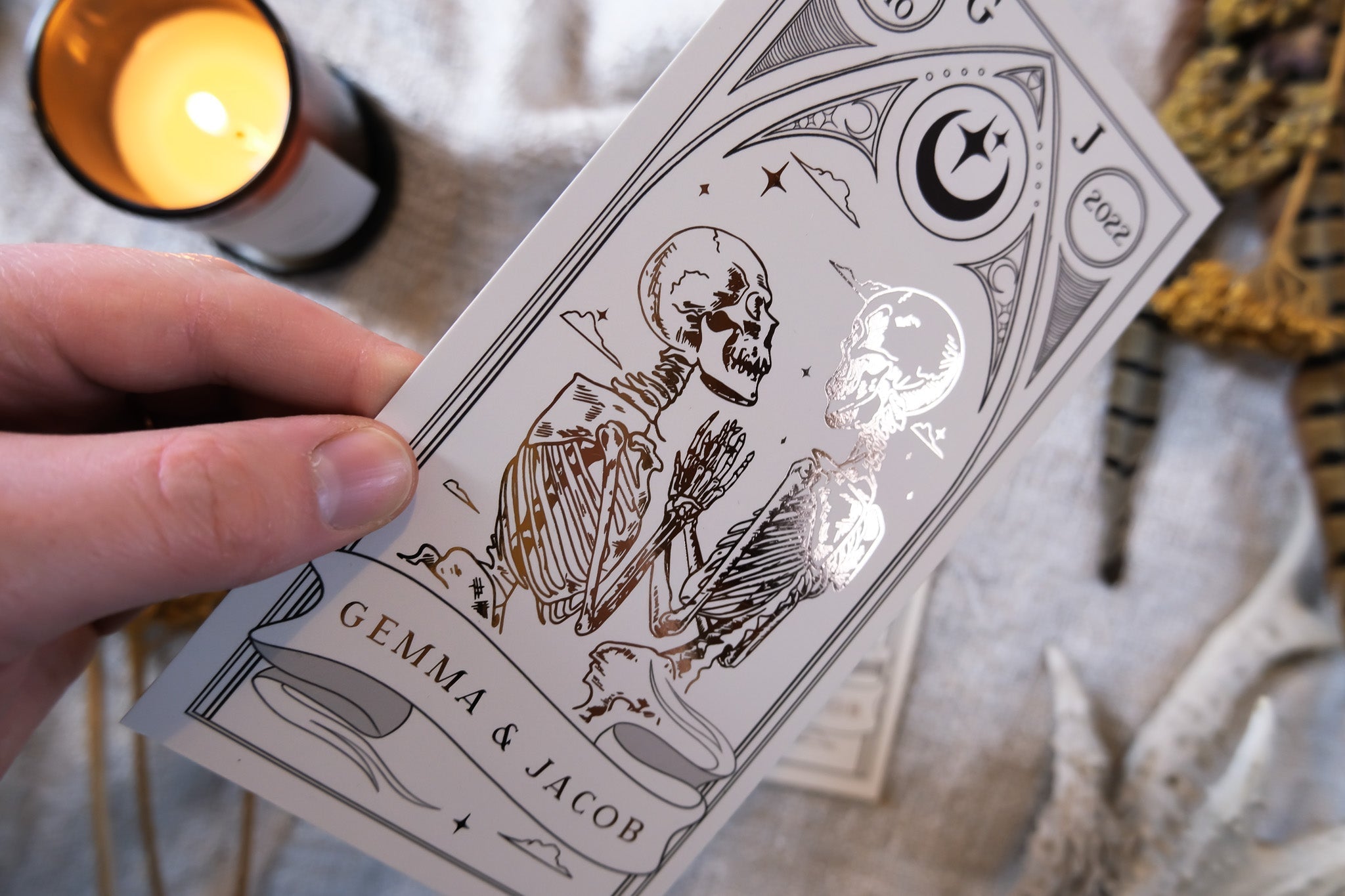 The Lovers 'Til Death Do Us Part' gothic skeleton couple foiled Save the Date card with tarot design and luxury foil accents