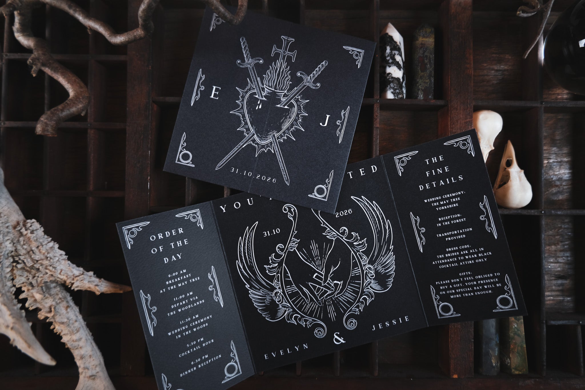 Star-Crossed Lovers Gatefold Wedding Invitations – Gothic Romance Bleeding Heart & Swords Design