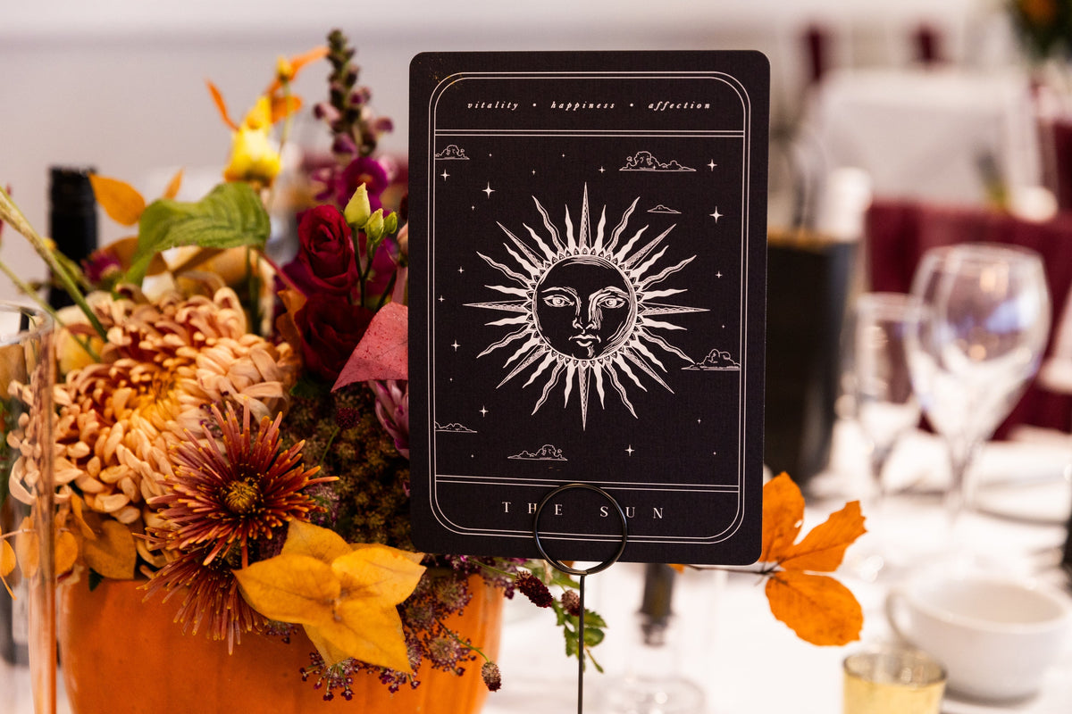 Tarot Card Art Print featuring The Sun design on black textured cardstock for wedding decor