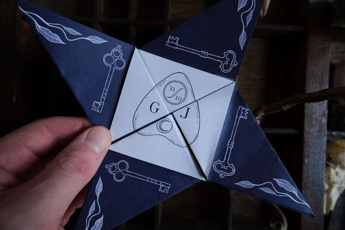 A hand holds a dark blue Victorian folding wedding invitation with vintage key illustrations, photographed indoors.