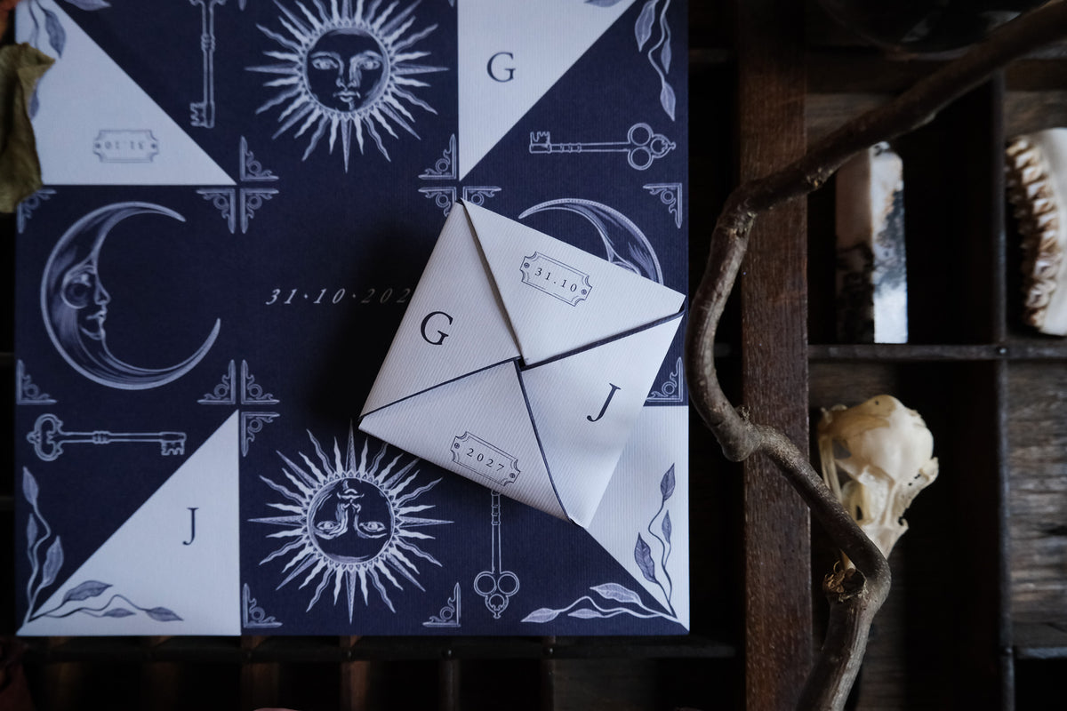 A Victorian puzzle purse wedding invitation in navy and white with celestial motifs and key illustrations, styled on wood with bones and a branch.