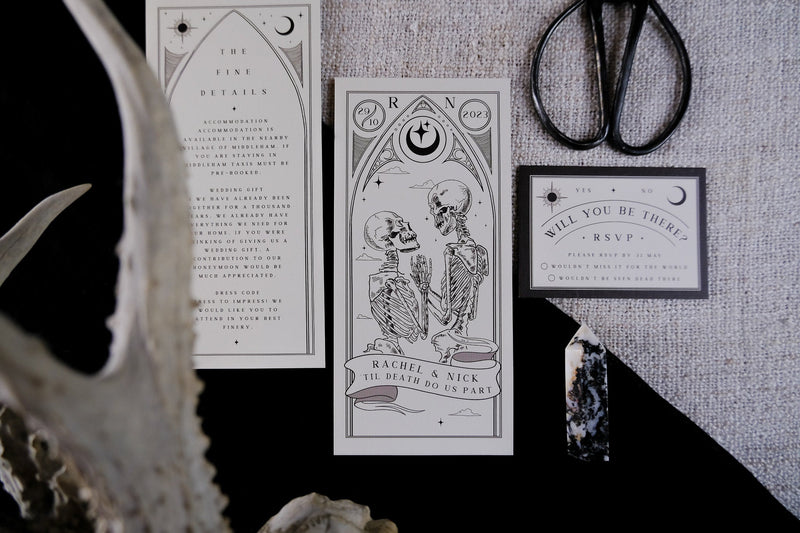 'Til Death Do Us Part' Lovers Tarot Card 3 Piece Invitation Suite with skeleton design, RSVP card, and fine details on high-quality matte paper.