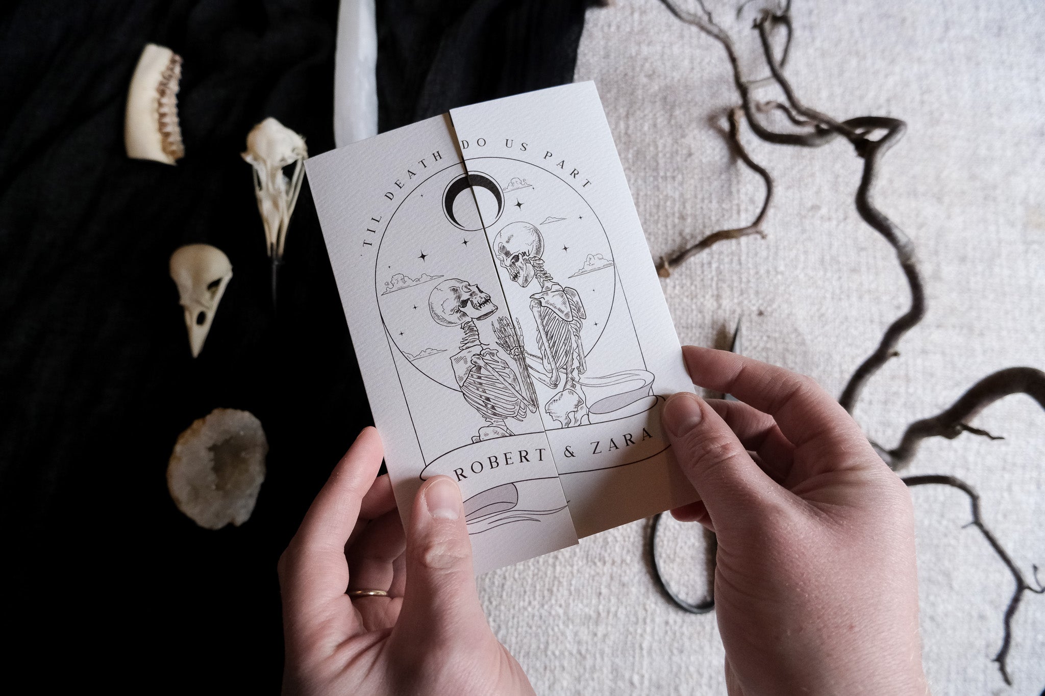 Skeleton Lovers & Bleeding Heart 'Til Death Do Us Part' Gatefold Wedding Invitation