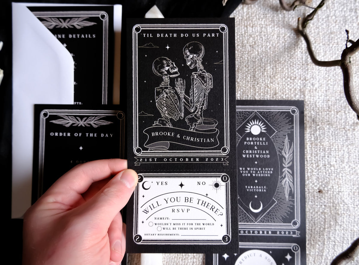 'Til Death Do Us Part' Lovers Tarot Invitation with RSVP, featuring skeleton design with personalization option, printed on 280 GSM Matte Card.