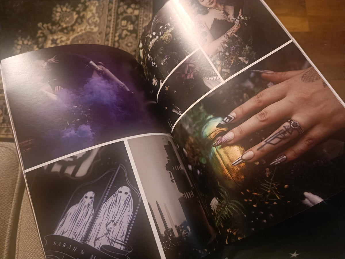 A luxury UK wedding stationery magazine spreads boho, mystical designs: ghostly illustrations, ethereal purple hues, and floral details.