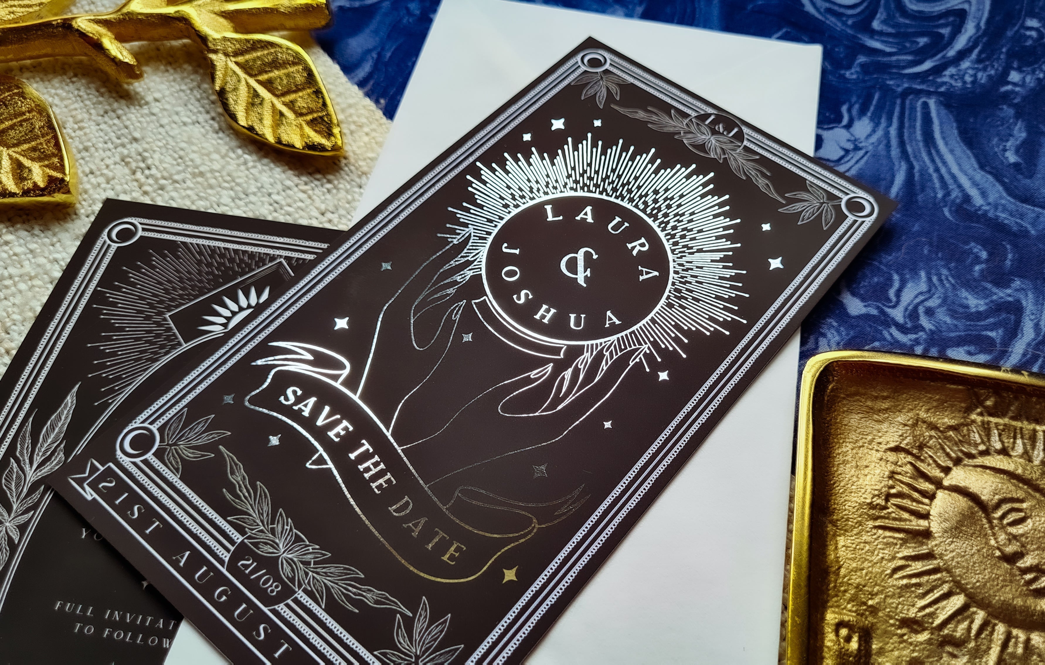 Crystal Ball foiled tarot card save the date with gold foil on velvet soft-touch cardstock for bohemian weddings