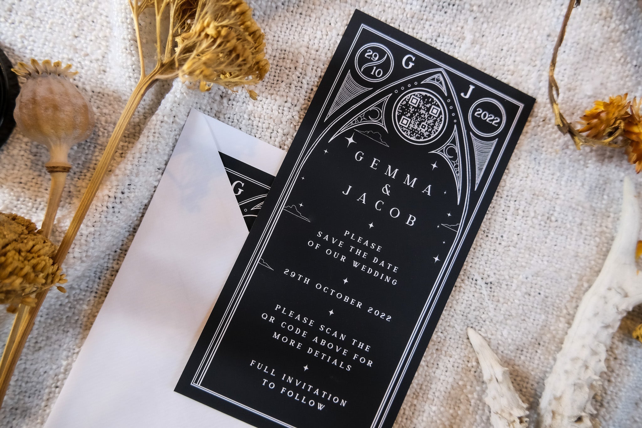 Gothic skeleton couple foiled 'Til Death Do Us Part' save the date card on velvet soft-touch card