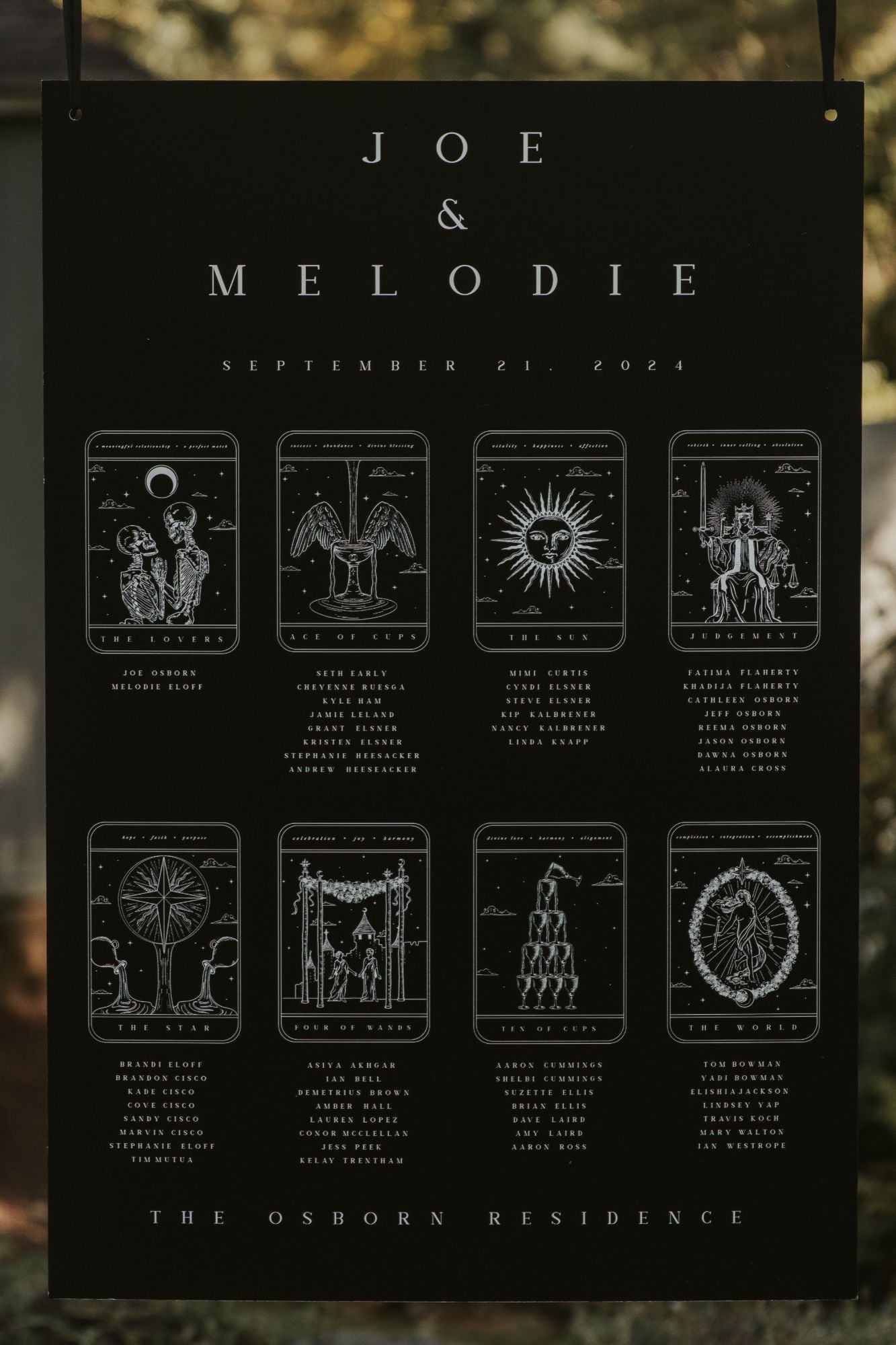Luxury UK wedding seating chart with dramatic black background, vintage tarot card illustrations, and mystical gothic accents.