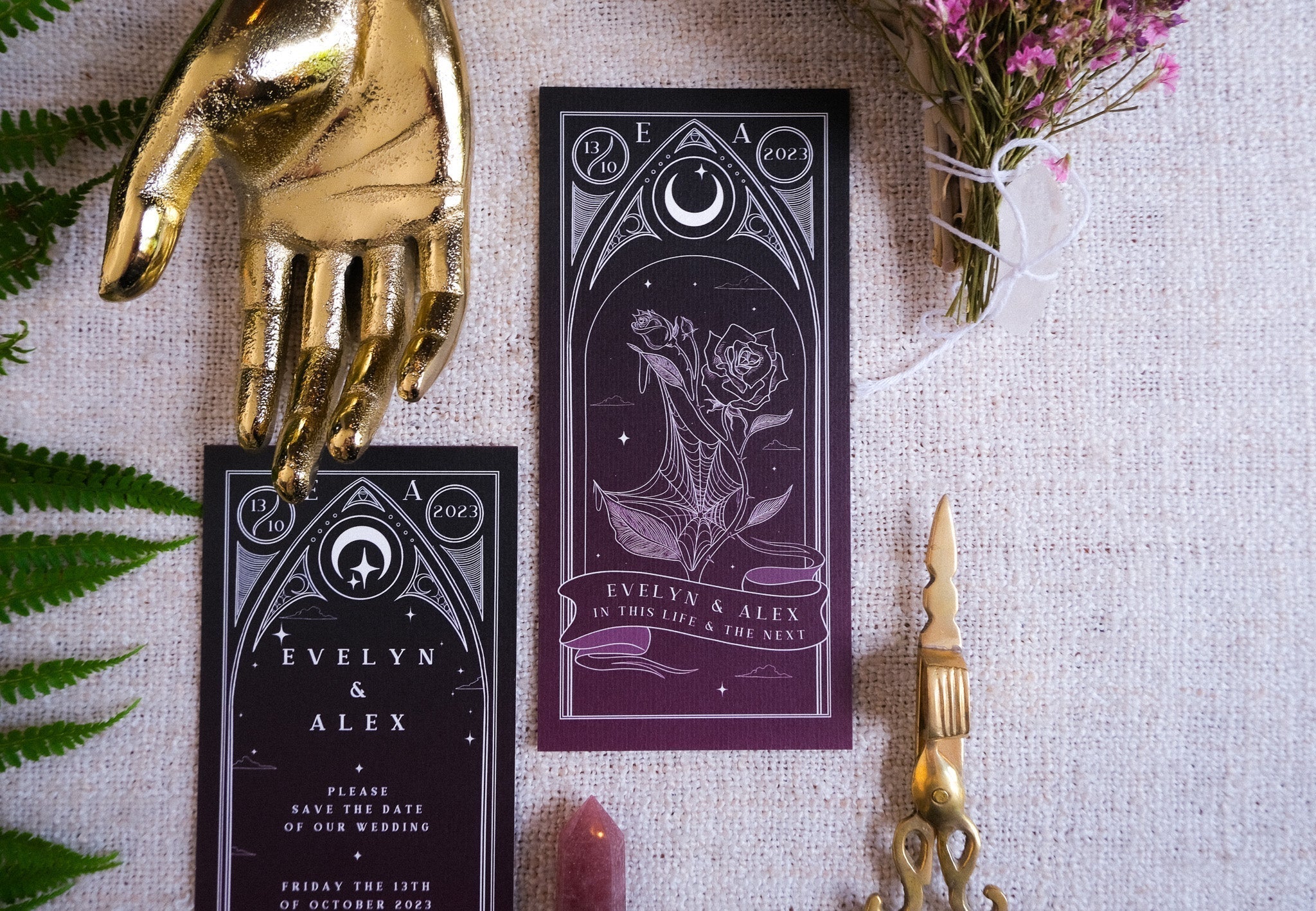 Black Rose Tarot Save the Date Card with gothic floral design for wedding invitations